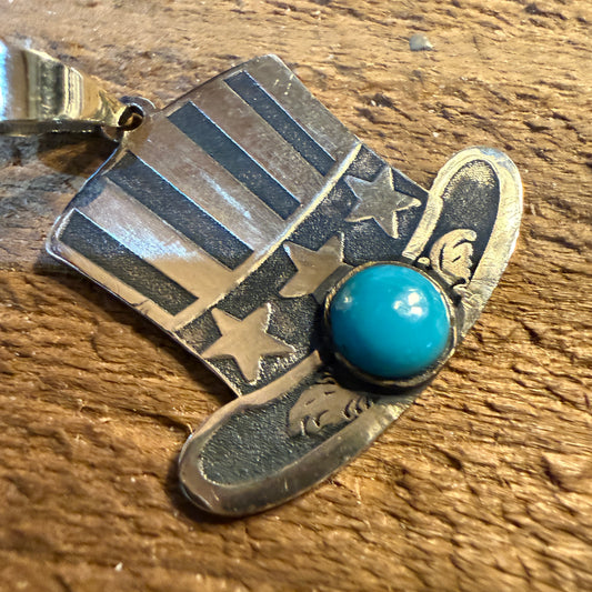 Patriot Freedom Uncle Sam Hat Pendant Kingman Turquoise in Sterling Silver Wild West Boho