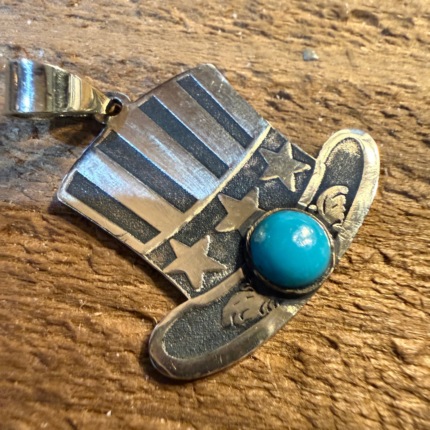 Patriot Freedom Uncle Sam Hat Pendant Kingman Turquoise in Sterling Silver Wild West Boho