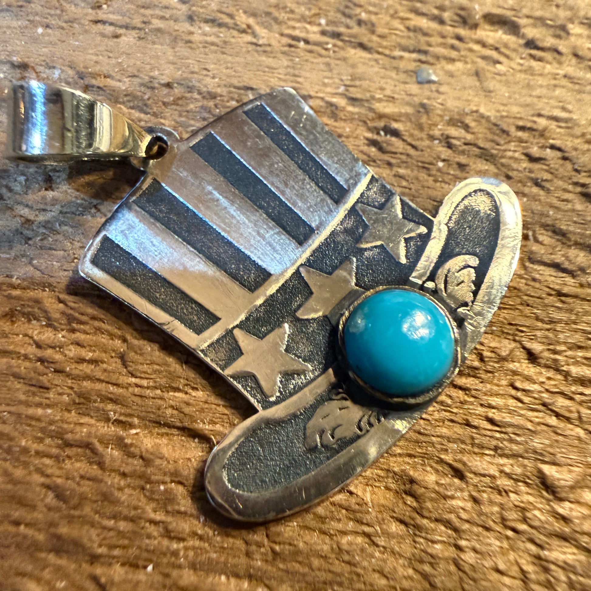 Patriot Freedom Uncle Sam Hat Pendant Kingman Turquoise in Sterling Silver Wild West Boho