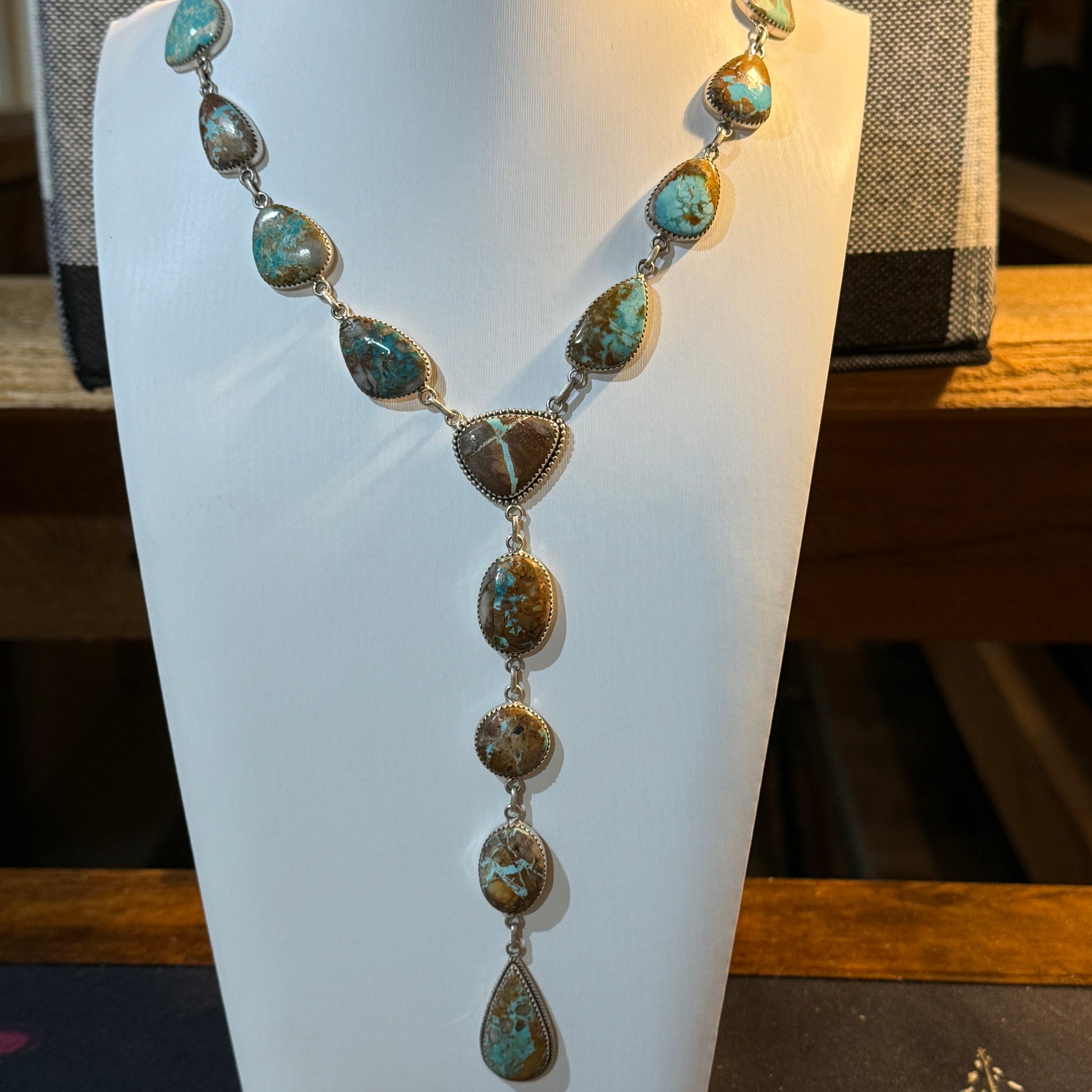 Royston Ribbon Turquoise Gemstone Lariat Necklace 20 Inch Sterling Silver Wild West Boho
