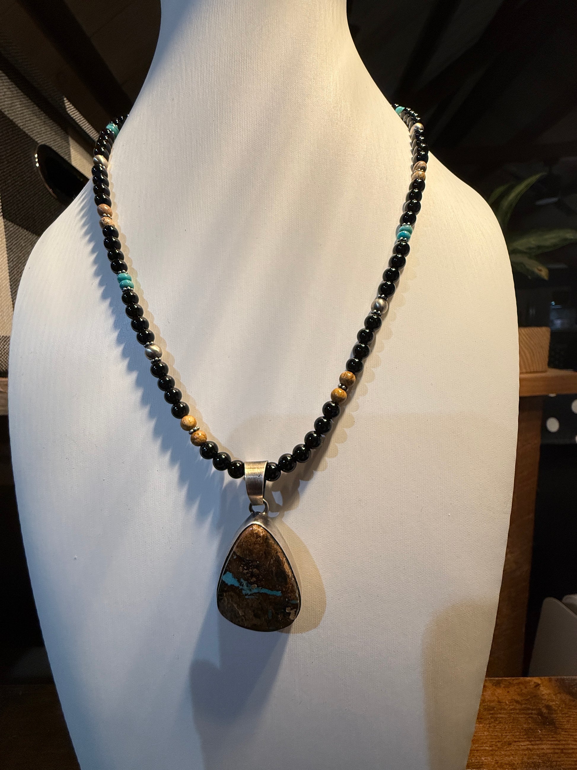 Navajo Handmade Ty Francisco Boulder Turquoise Pendant Necklace Sterling Silver Wild West Boho
