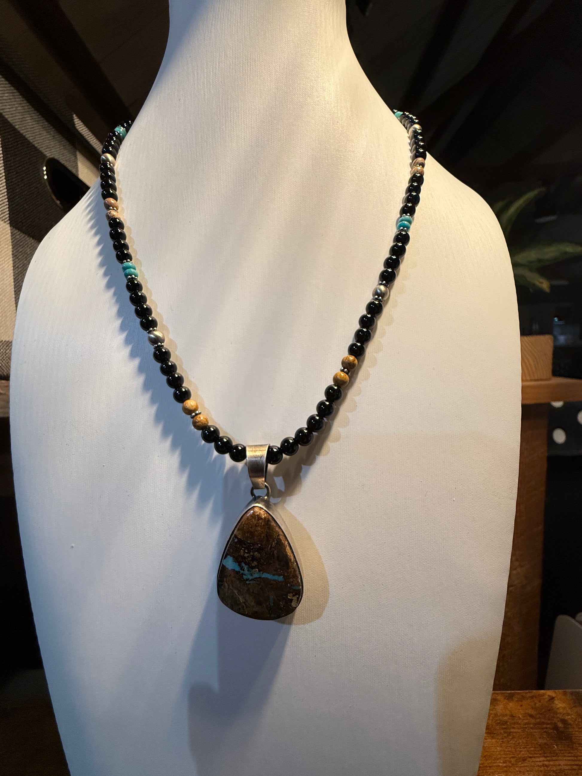 Navajo Handmade Ty Francisco Boulder Turquoise Pendant Necklace Sterling Silver Wild West Boho