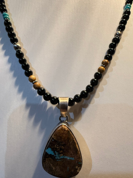 Navajo Handmade Ty Francisco Boulder Turquoise Pendant Necklace Sterling Silver Wild West Boho