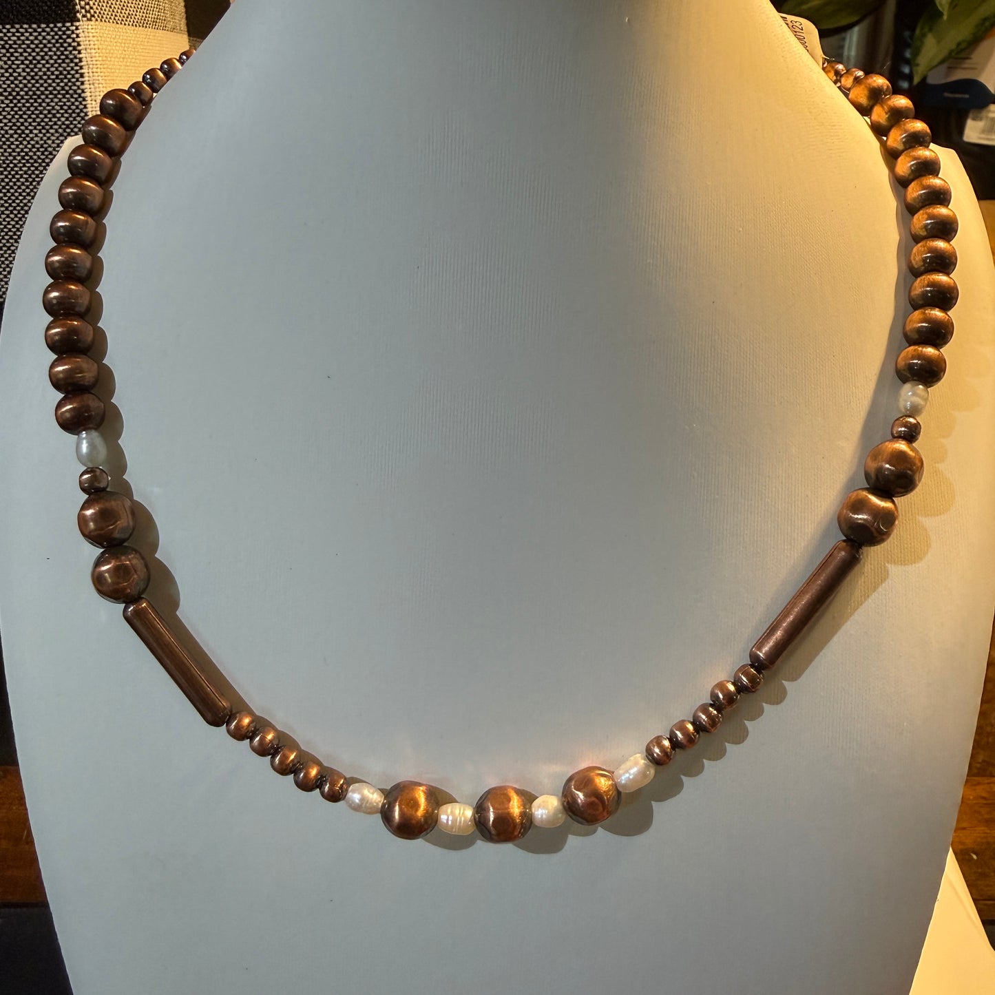 Genuine Copper 3mm to 6mm Fresh Water and Copper Graduated Pearl Necklace, 20 Inch Wild West Boho