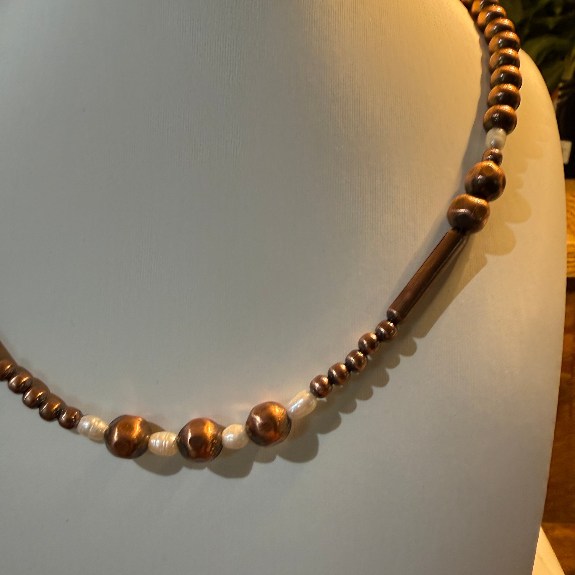 Genuine Copper 3mm to 6mm Fresh Water and Copper Graduated Pearl Necklace, 20 Inch Wild West Boho