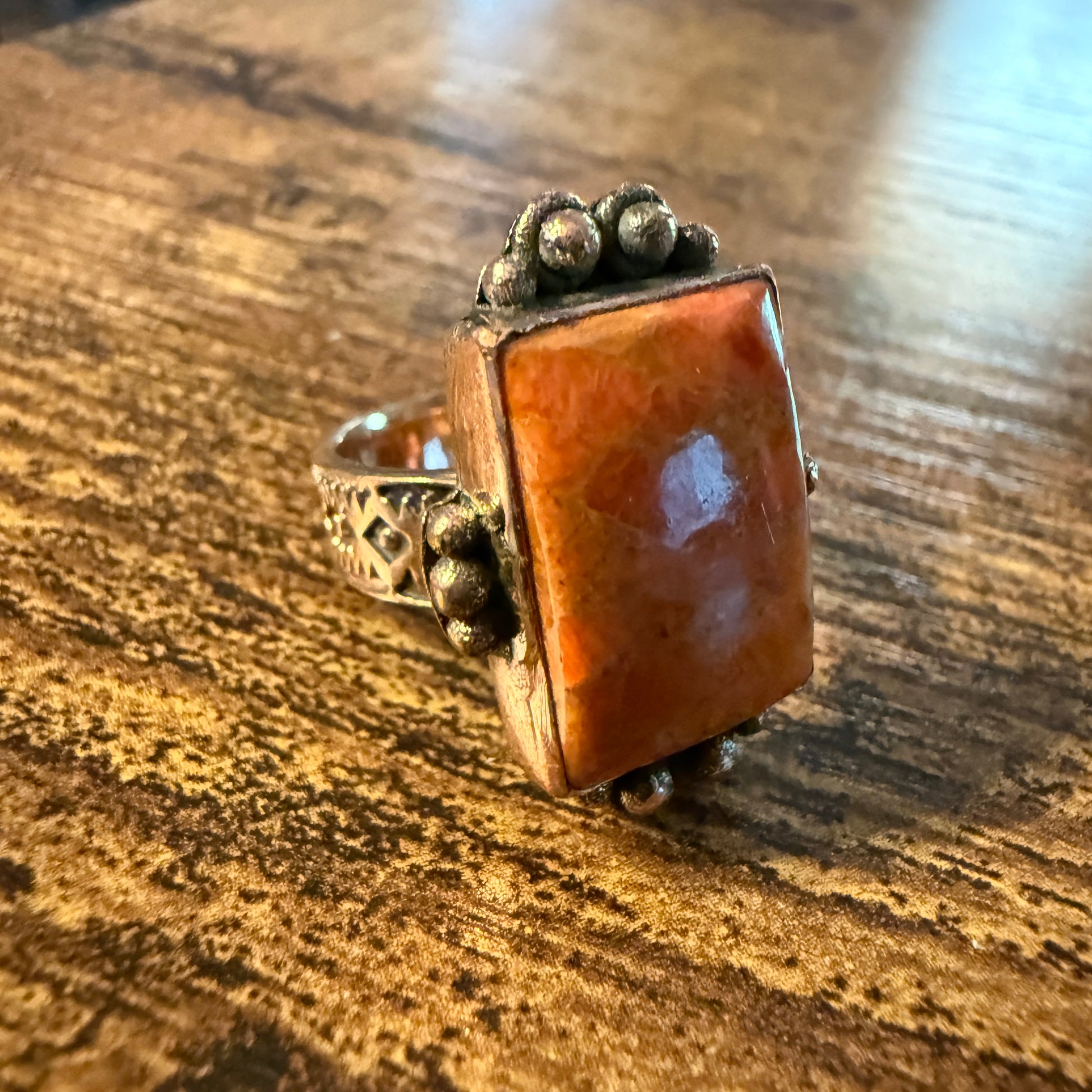 Orange Spiny Turquoise and Genuine Copper Adjustable Ring Wild West Boho