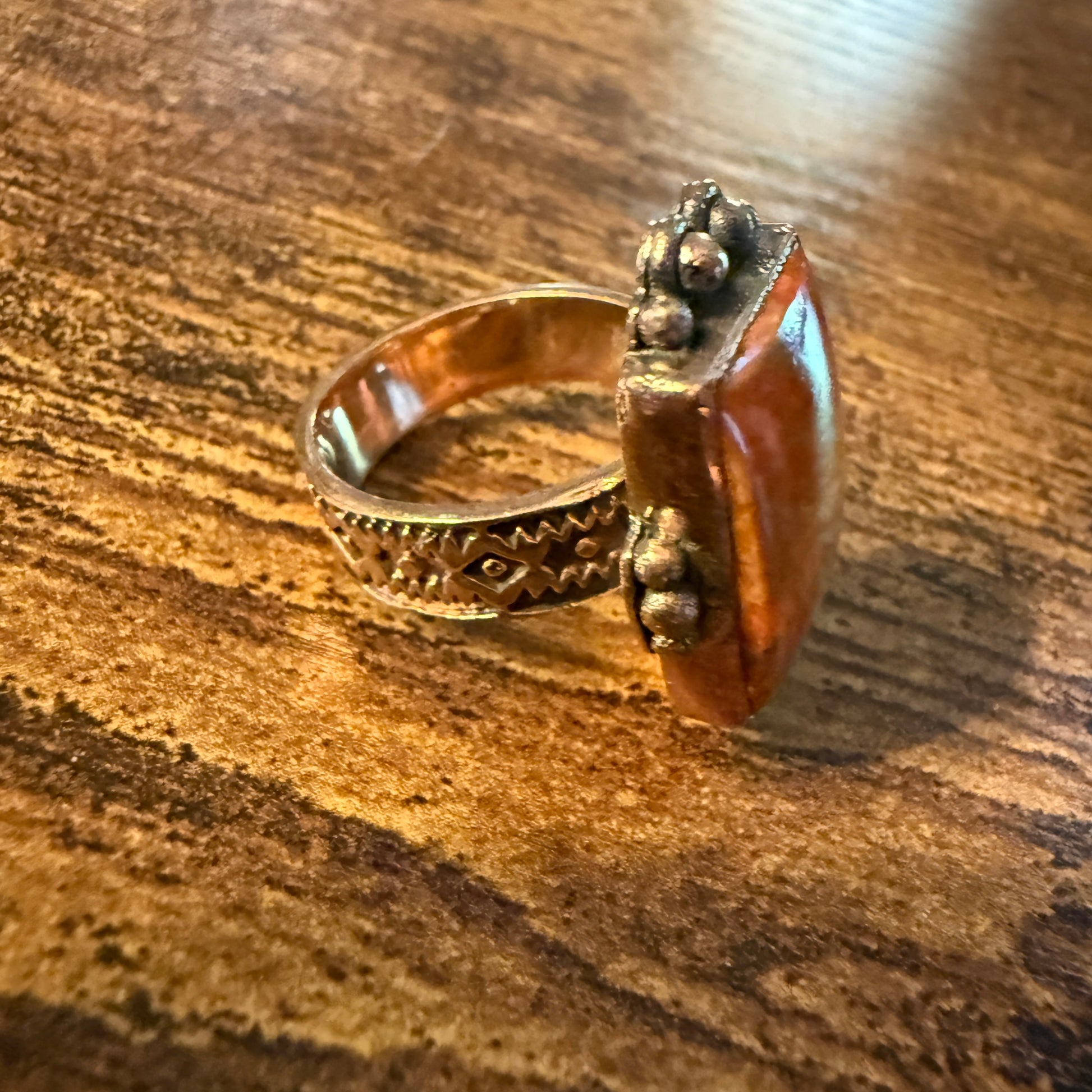 Orange Spiny Turquoise and Genuine Copper Adjustable Ring Wild West Boho