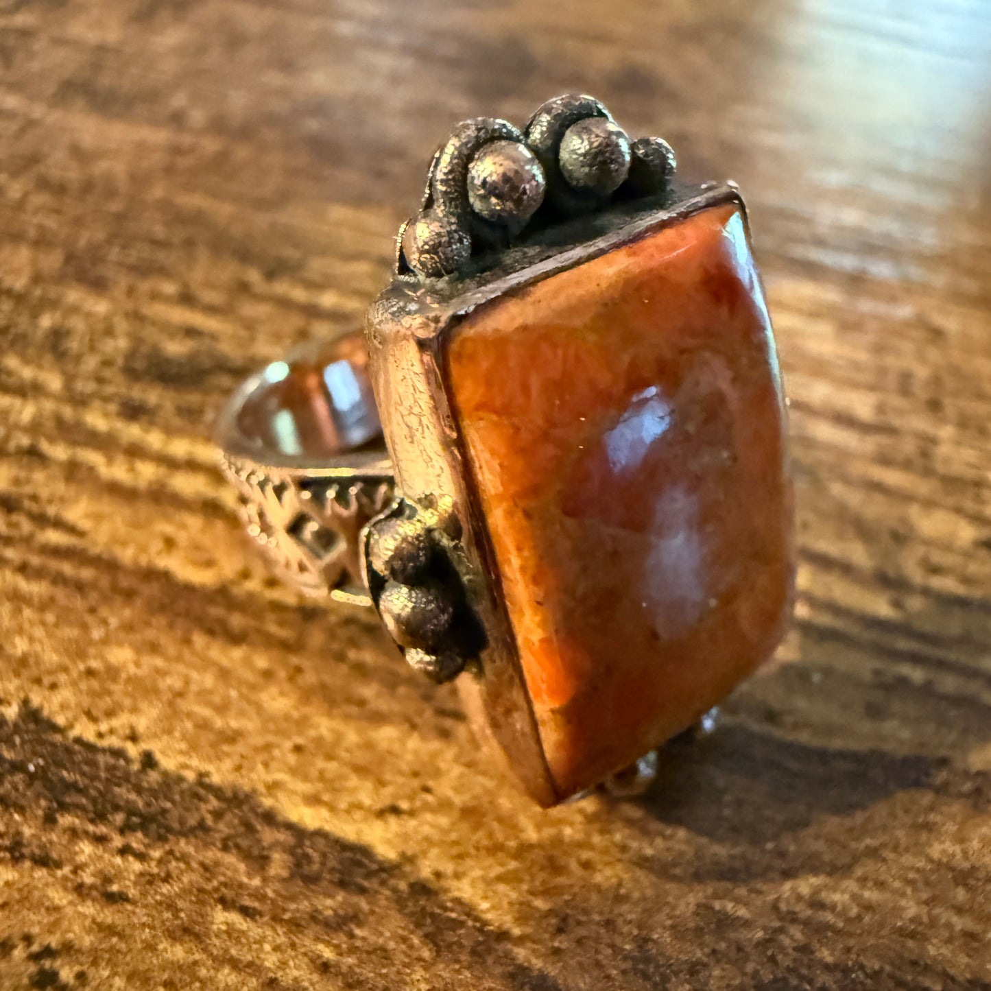 Orange Spiny Turquoise and Genuine Copper Adjustable Ring Wild West Boho
