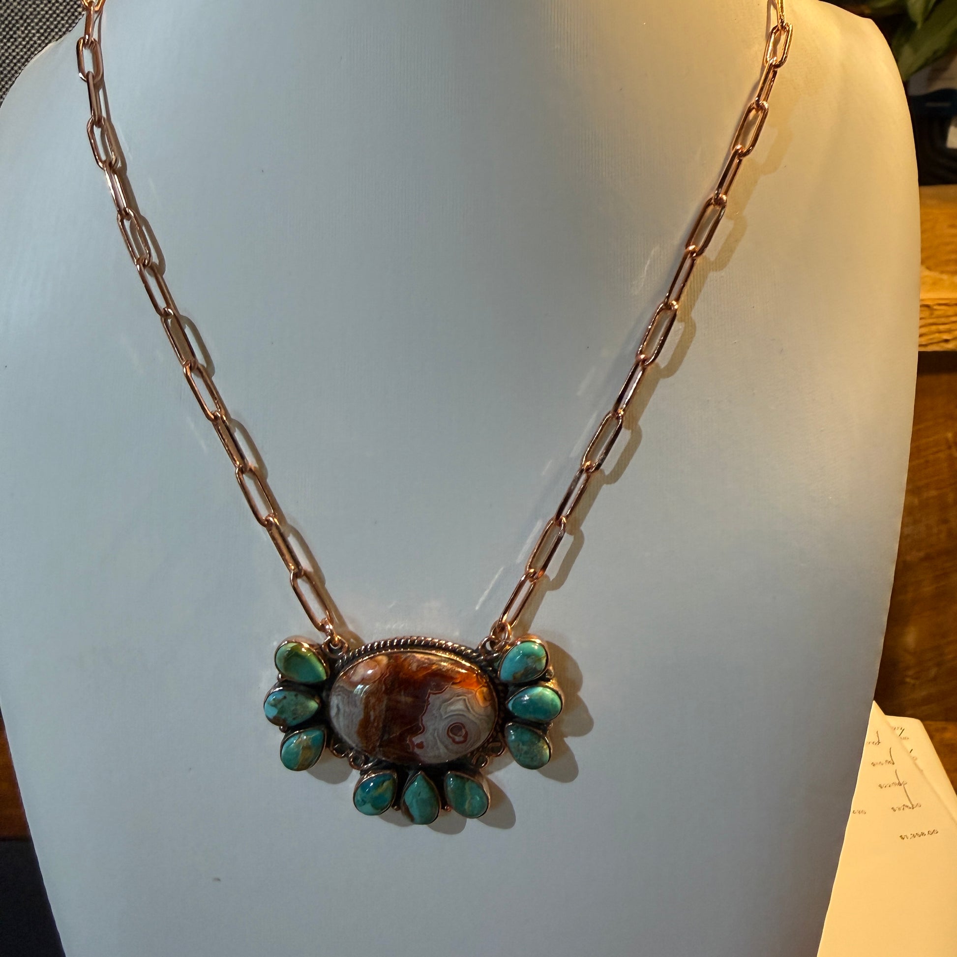 Crazy Lace and Mohave Turquoise Gemstones Genuine Copper Necklace, 18 Inch Chain Wild West Boho
