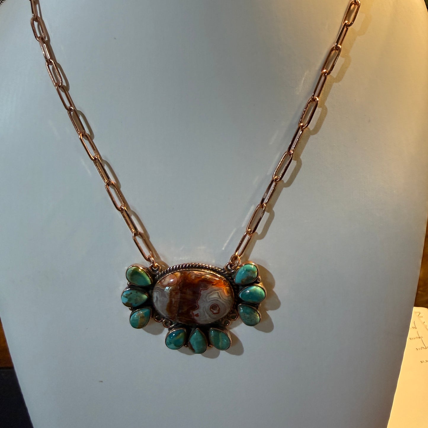Crazy Lace and Mohave Turquoise Gemstones Genuine Copper Necklace, 18 Inch Chain Wild West Boho
