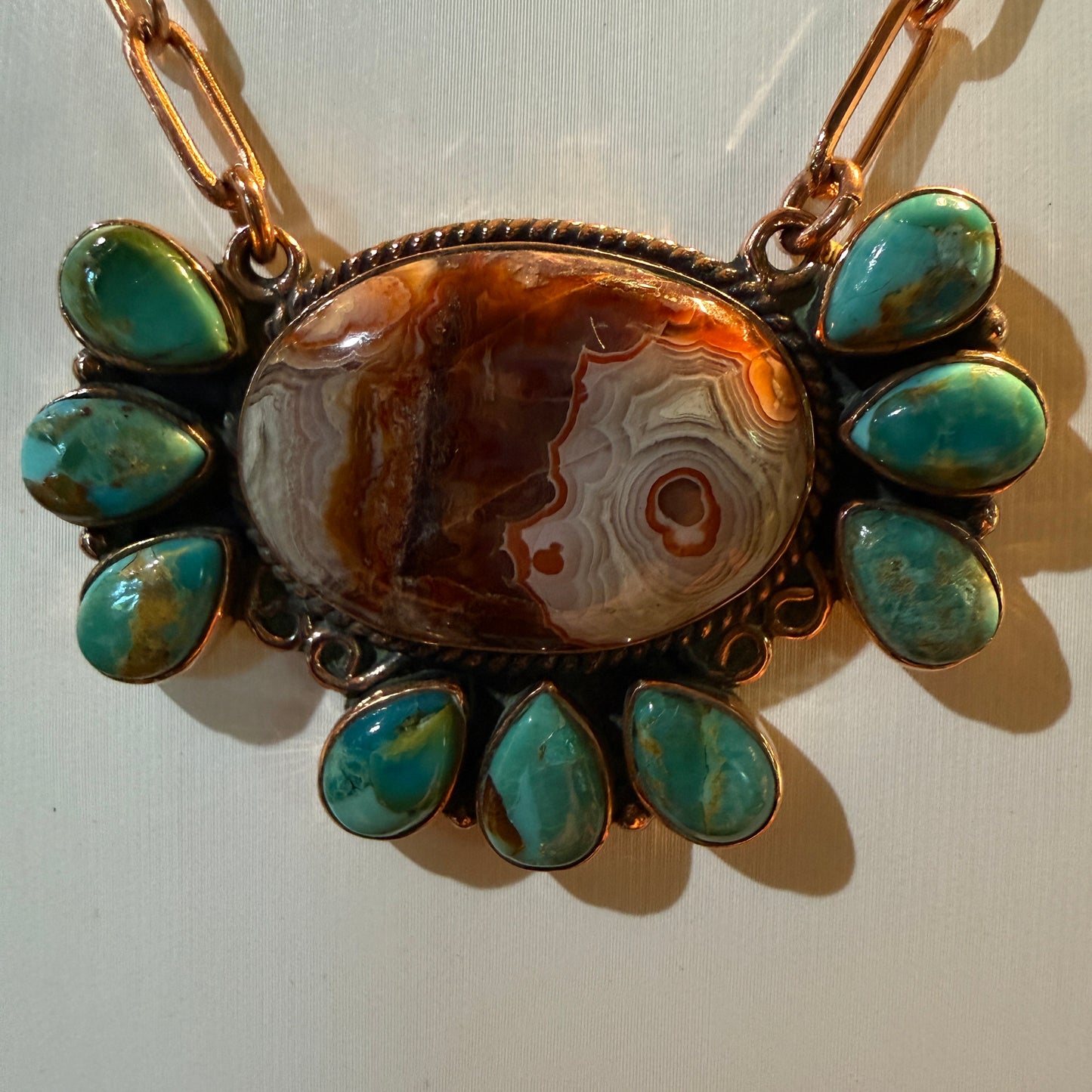 Crazy Lace and Mohave Turquoise Gemstones Genuine Copper Necklace, 18 Inch Chain Wild West Boho