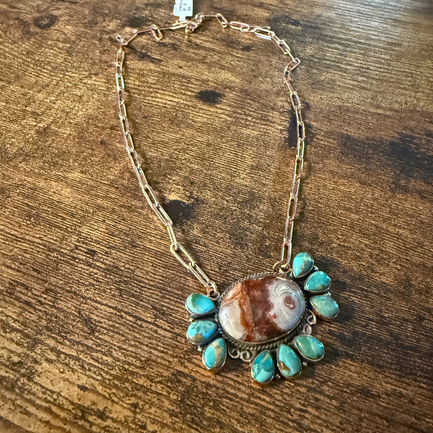 Crazy Lace and Mohave Turquoise Gemstones Genuine Copper Necklace, 18 Inch Chain Wild West Boho