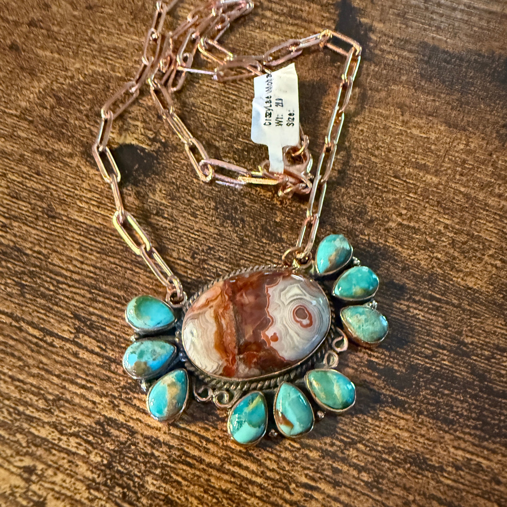 Crazy Lace and Mohave Turquoise Gemstones Genuine Copper Necklace, 18 Inch Chain Wild West Boho