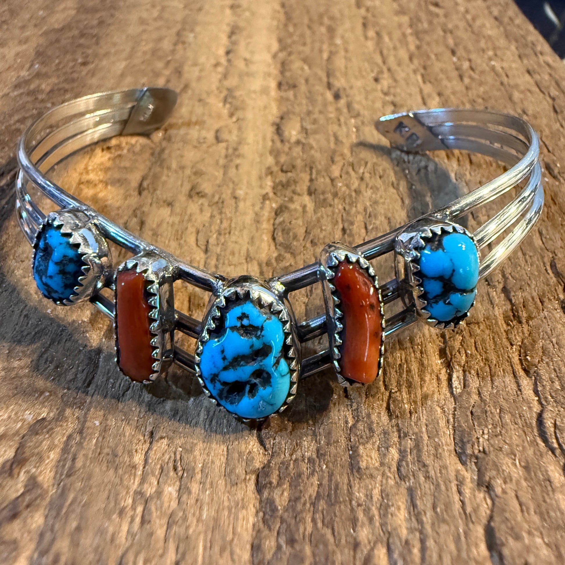 Kee Blancard Native Signed Kingman Turquoise and Mediterranean Coral Cuff Bracelet Wild West Boho