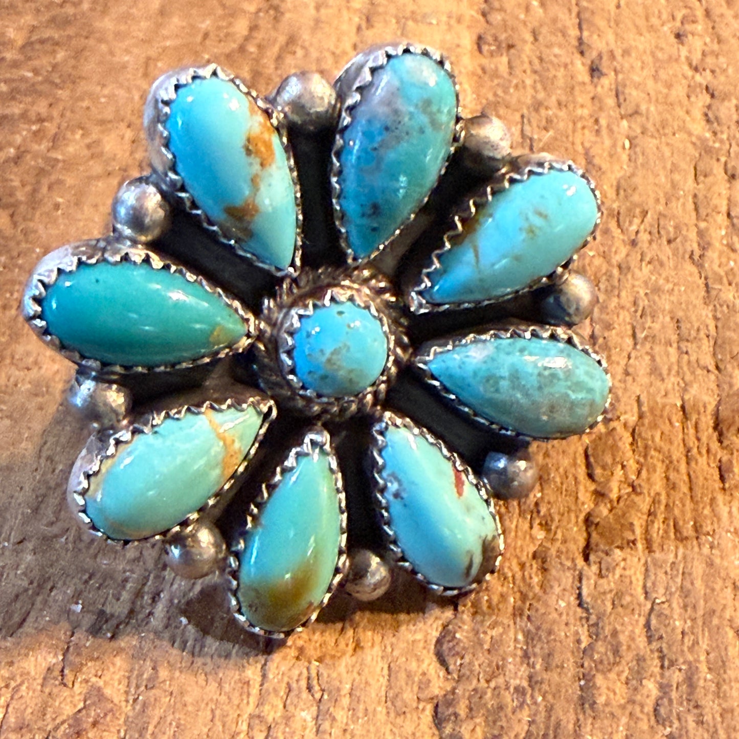 T. Smith Native Signed Mohave Turquoise Cluster Ring, Adjustable, 1.5 Inch Diameter Wild West Boho