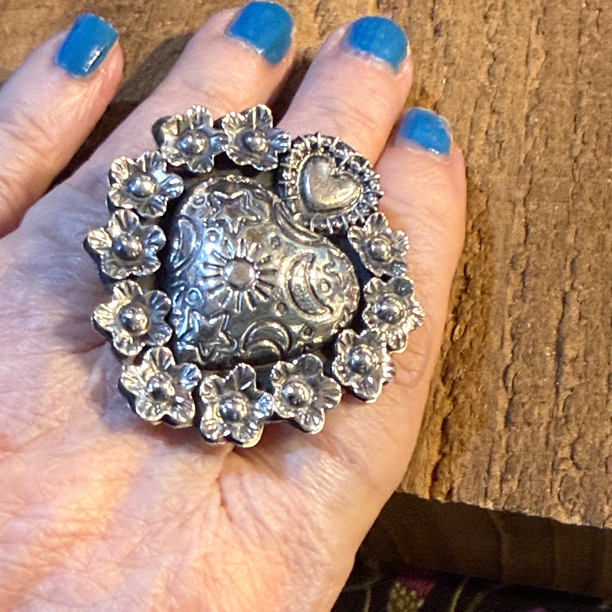 Stunning Hearts and Flowers Statement Cuff Adjustable Ring, Sterling Silver Wild West Boho