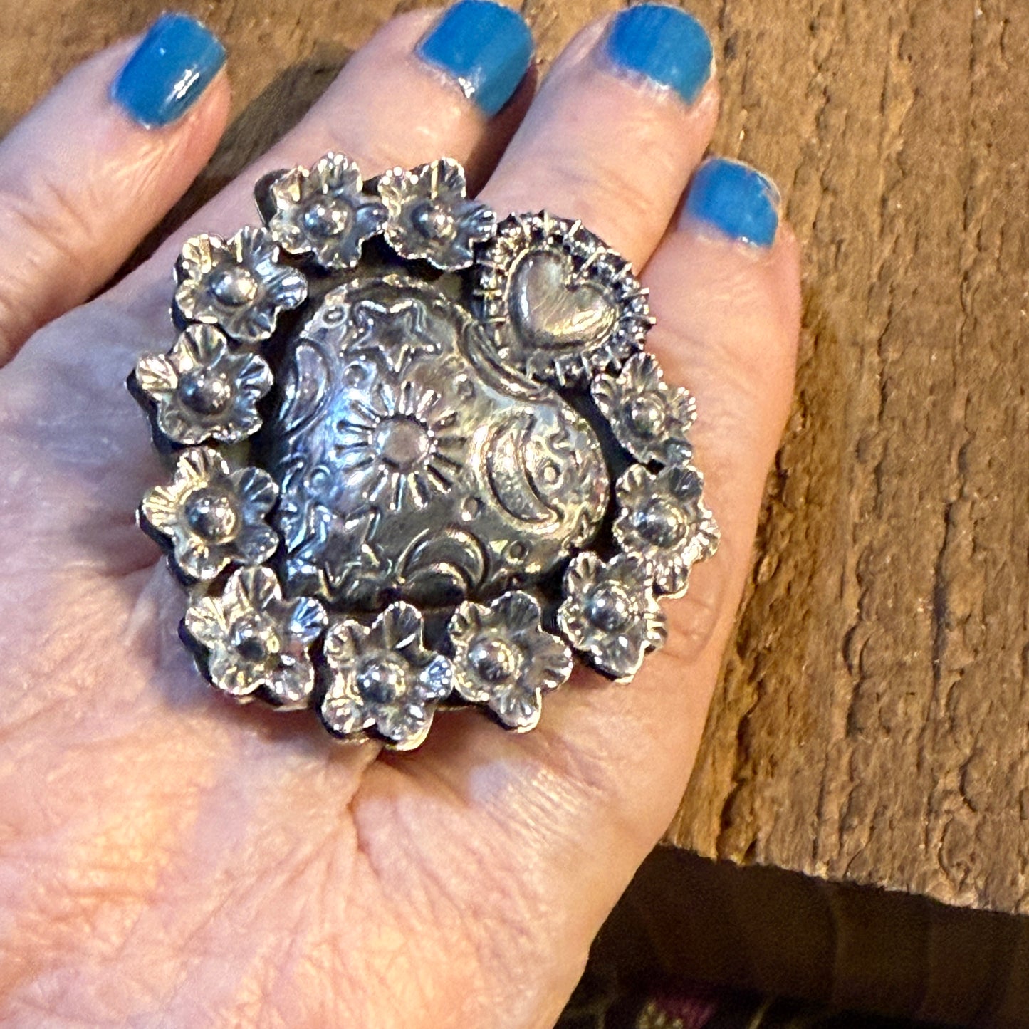Stunning Hearts and Flowers Statement Cuff Adjustable Ring, Sterling Silver Wild West Boho