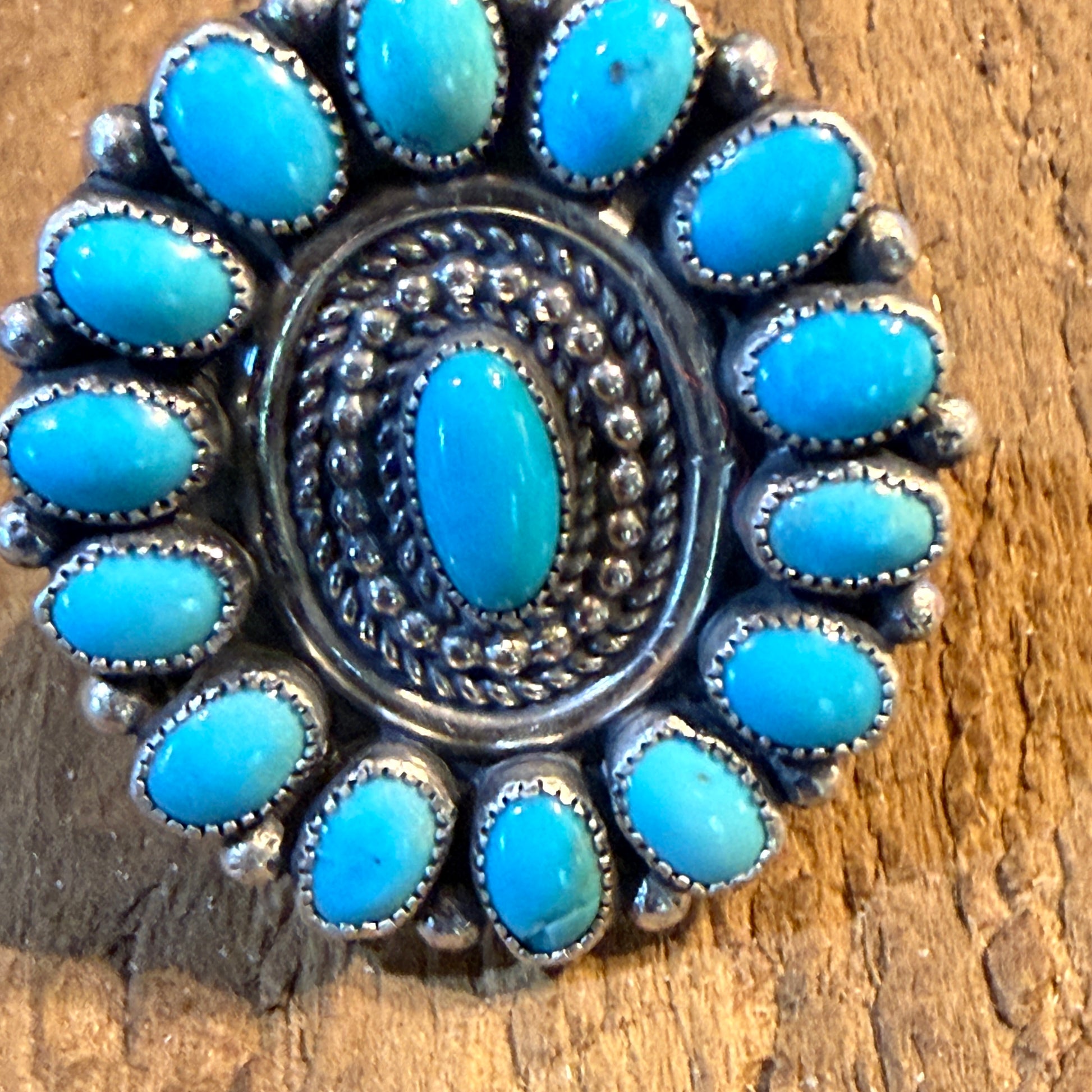 Marie B. Signed Native Handmade Kingman Turquoise Cluster Ring, Size 9 Wild West Boho
