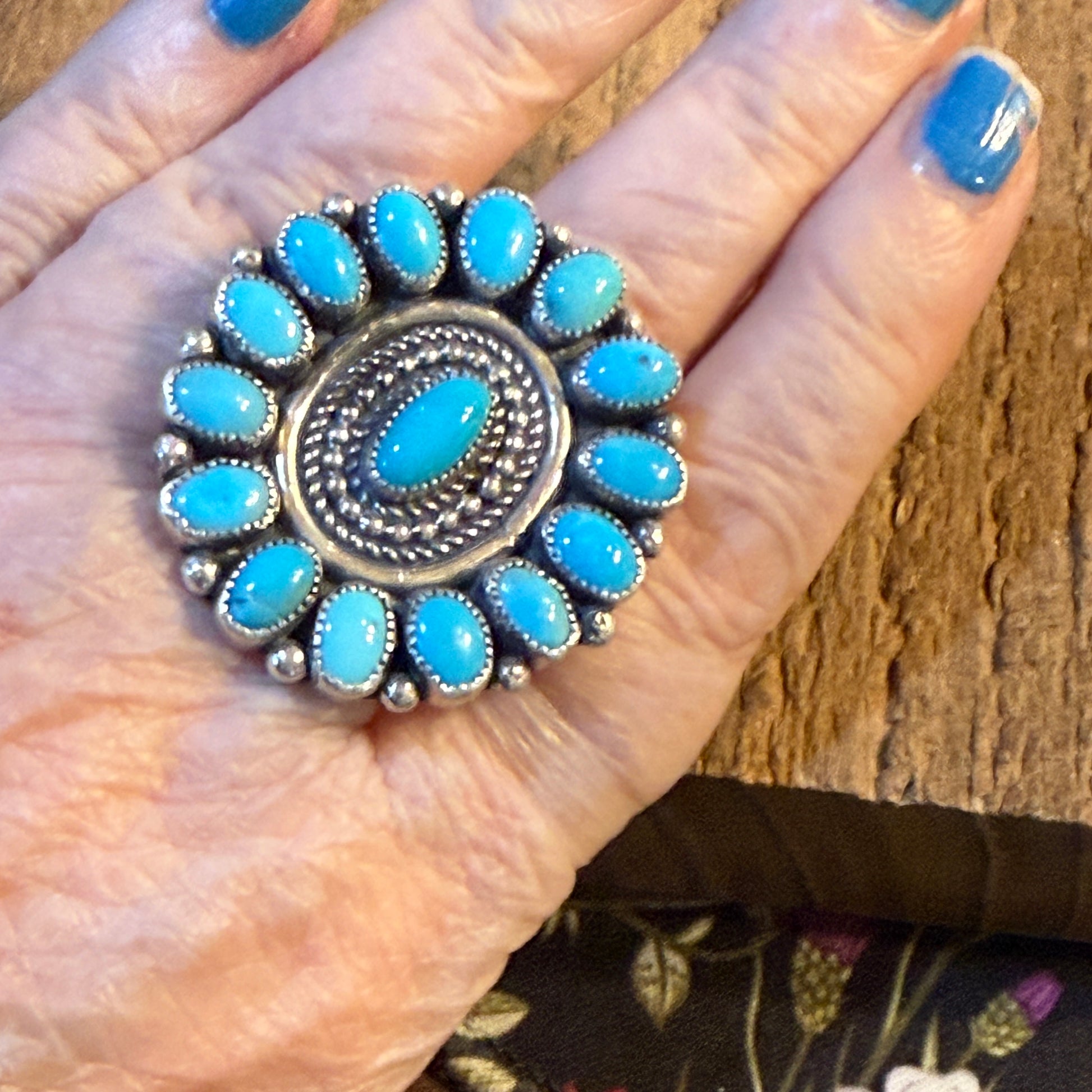Marie B. Signed Native Handmade Kingman Turquoise Cluster Ring, Size 9 Wild West Boho