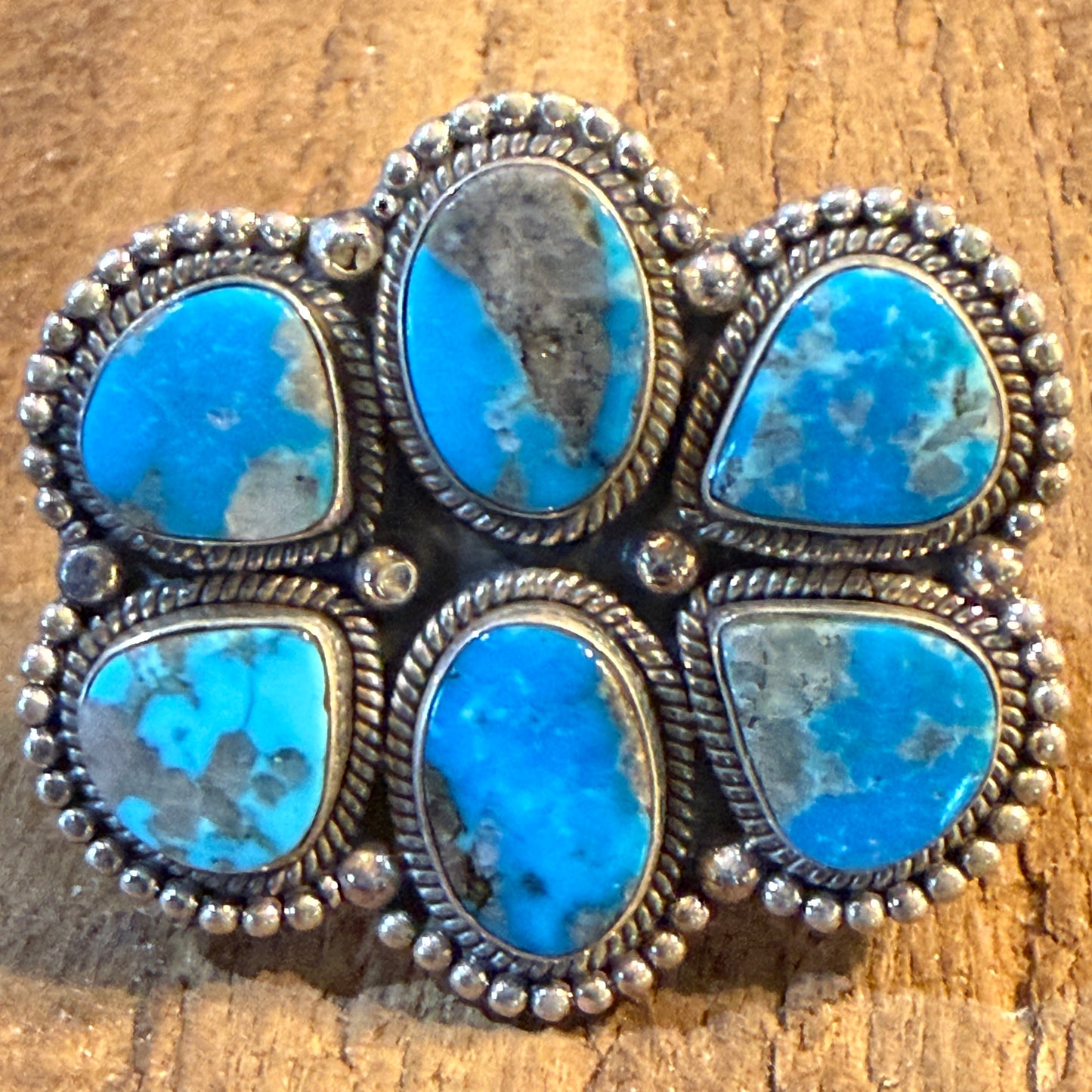 Kingman Turquoise Gemstone Cluster Statement Adjustable Ring, Sterling Silver Wild West Boho
