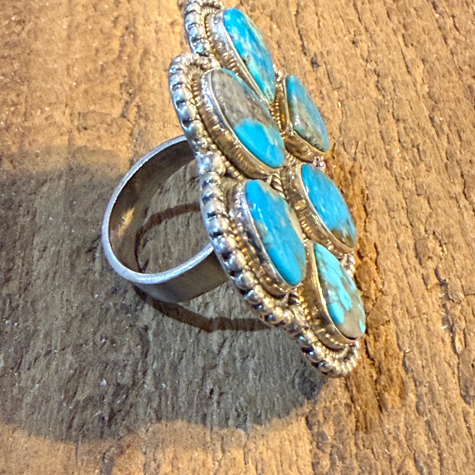 Kingman Turquoise Gemstone Cluster Statement Adjustable Ring, Sterling Silver Wild West Boho
