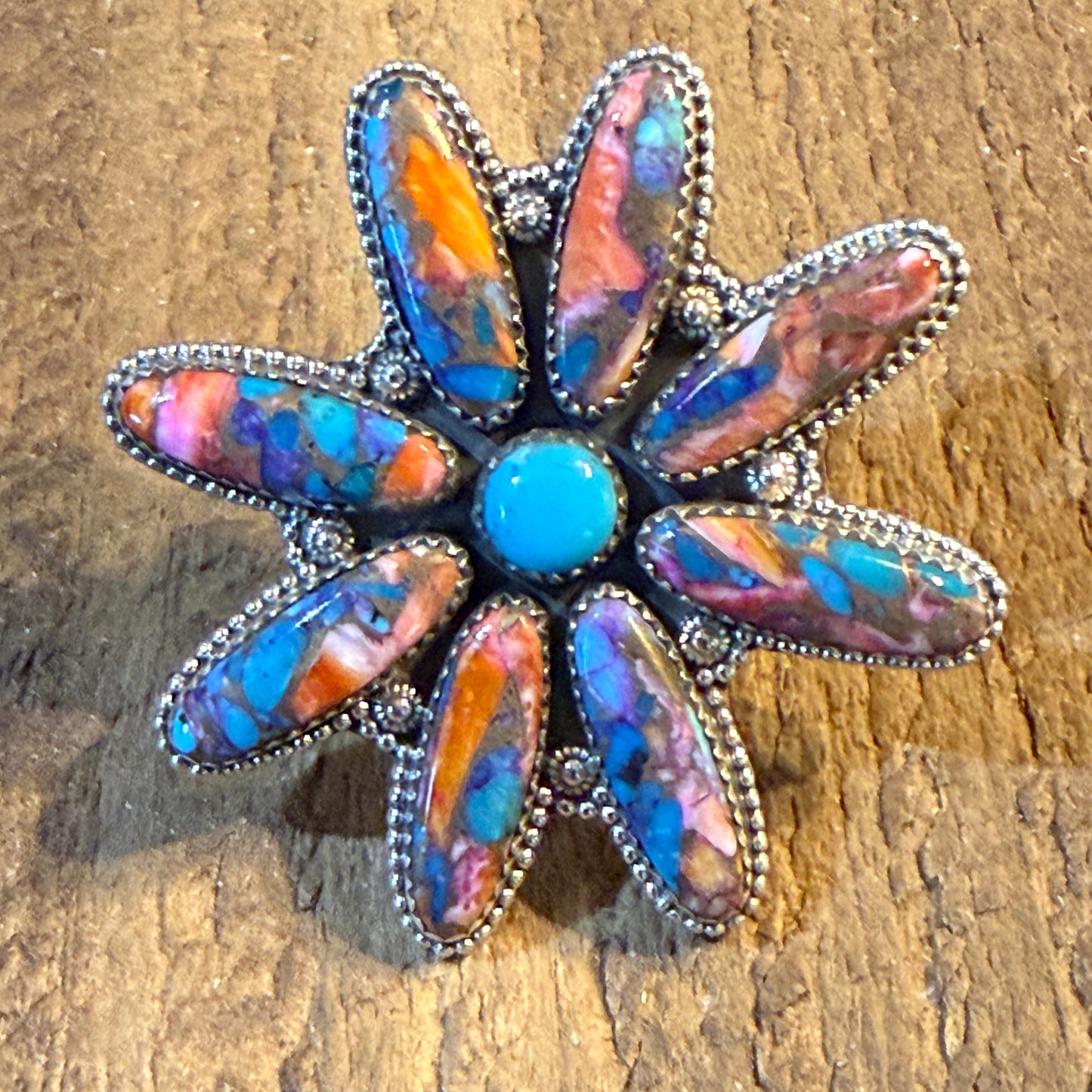 Spiny Oyster and Kingman Turquoise Floral Oversized Statement Ring, Adjustable, Sterling Silver Wild West Boho