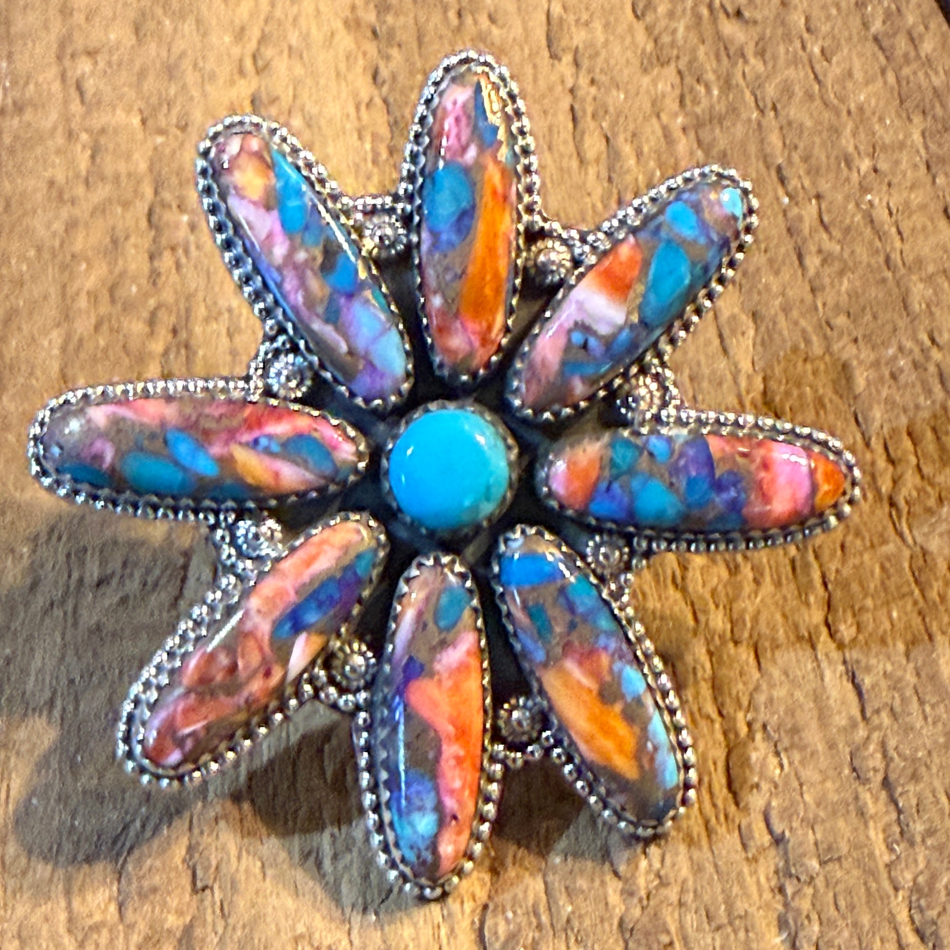Spiny Oyster and Kingman Turquoise Floral Oversized Statement Ring, Adjustable, Sterling Silver Wild West Boho