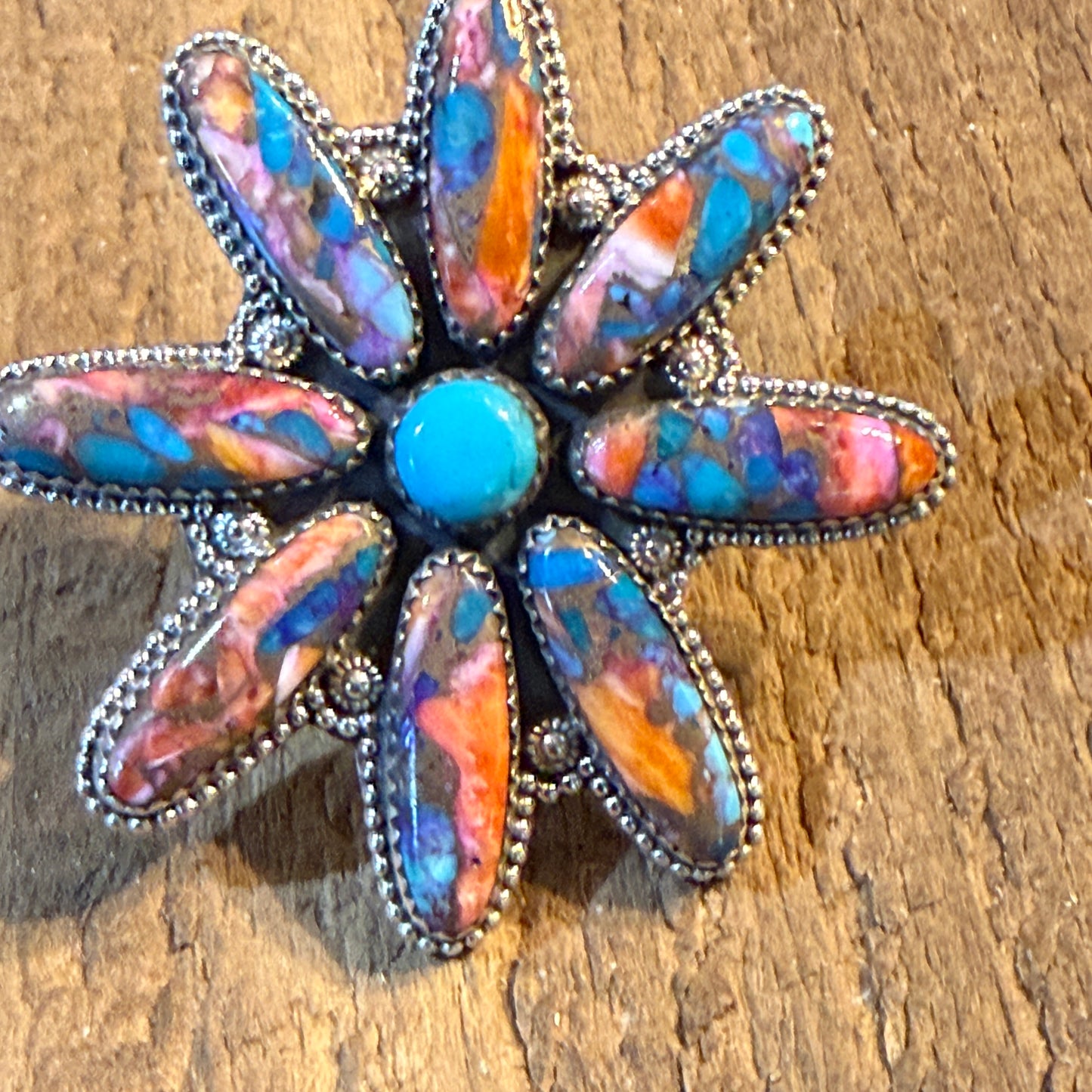 Spiny Oyster and Kingman Turquoise Floral Oversized Statement Ring, Adjustable, Sterling Silver Wild West Boho