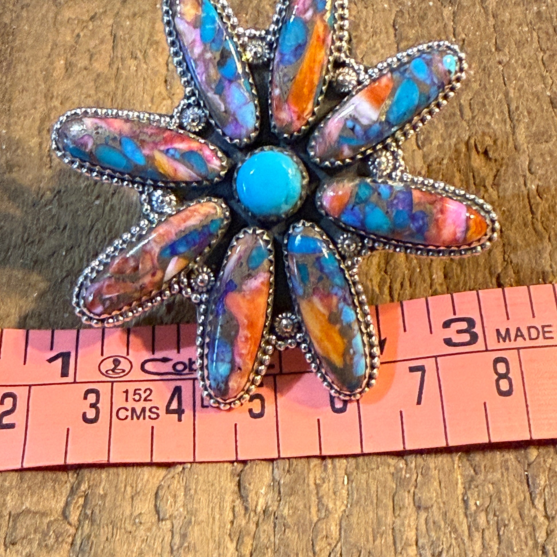 Spiny Oyster and Kingman Turquoise Floral Oversized Statement Ring, Adjustable, Sterling Silver Wild West Boho