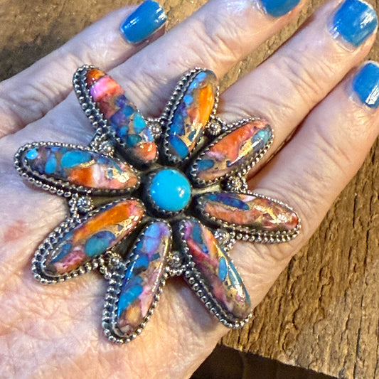 Spiny Oyster and Kingman Turquoise Floral Oversized Statement Ring, Adjustable, Sterling Silver Wild West Boho