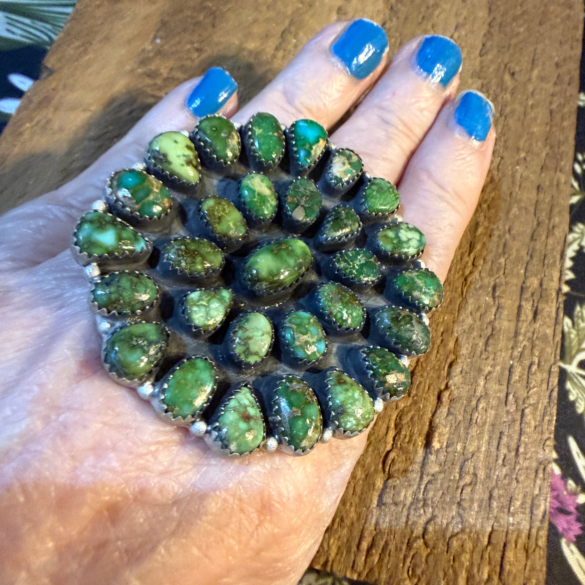 Sonoran Gold Turquoise Gemstones Cluster Oversized Statement Ring, Adjustable, Sterling Silver Wild West Boho