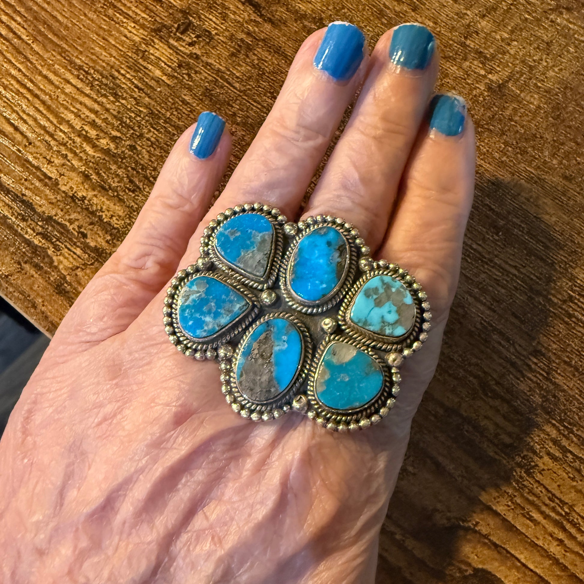 Kingman Turquoise Gemstone Cluster Statement Sterling Silver Adjustable Ring Wild West Boho