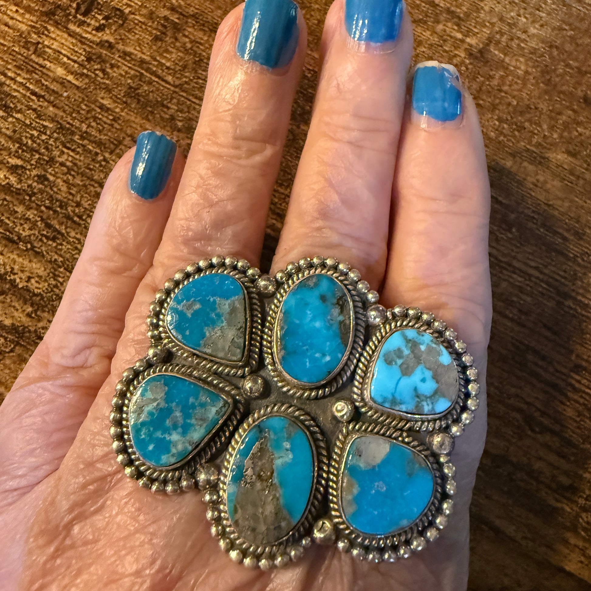 Kingman Turquoise Gemstone Cluster Statement Sterling Silver Adjustable Ring Wild West Boho
