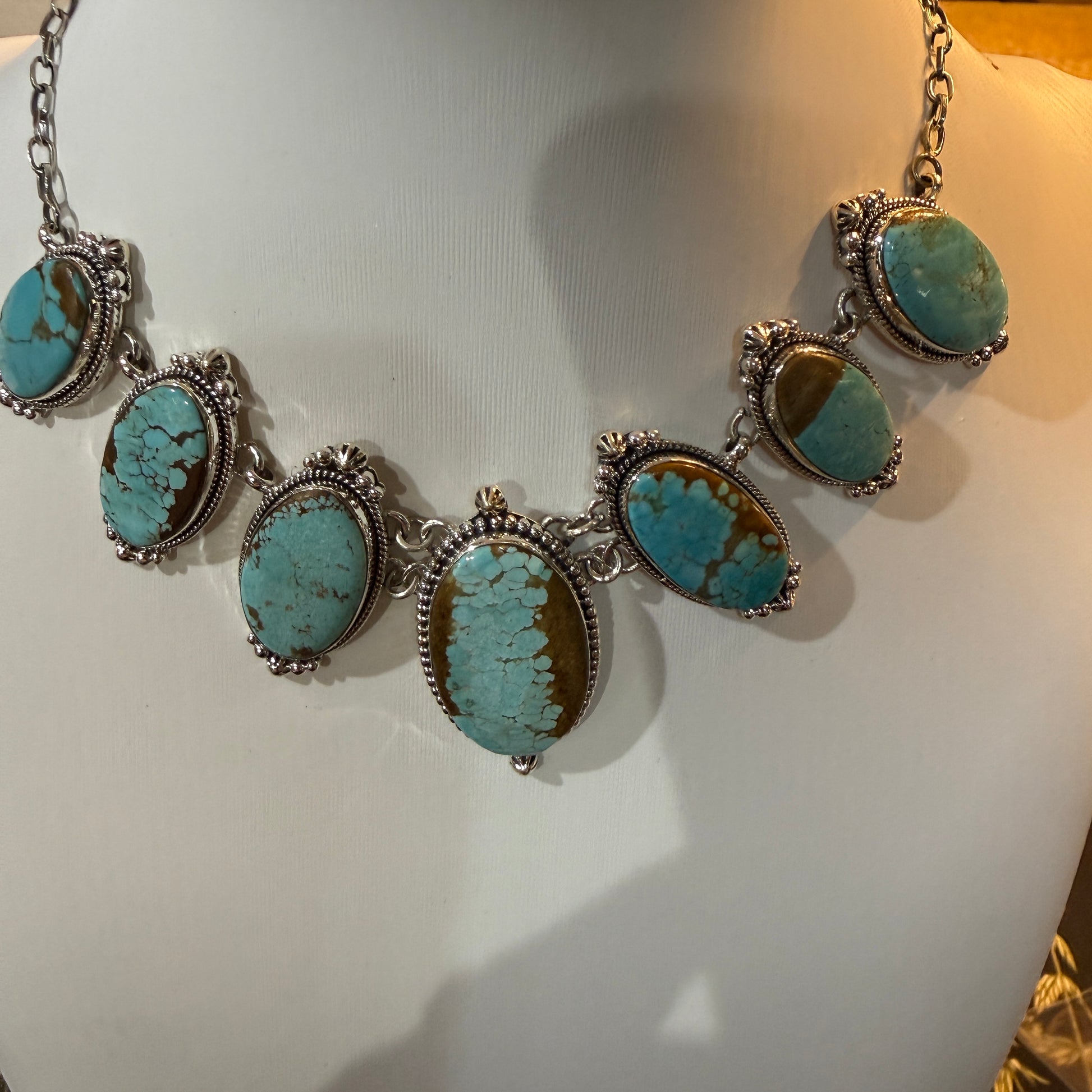 Stunning Number 8 Mine Turquoise Choker Necklace, Sterling Silver, 18 Inch Chain Wild West Boho