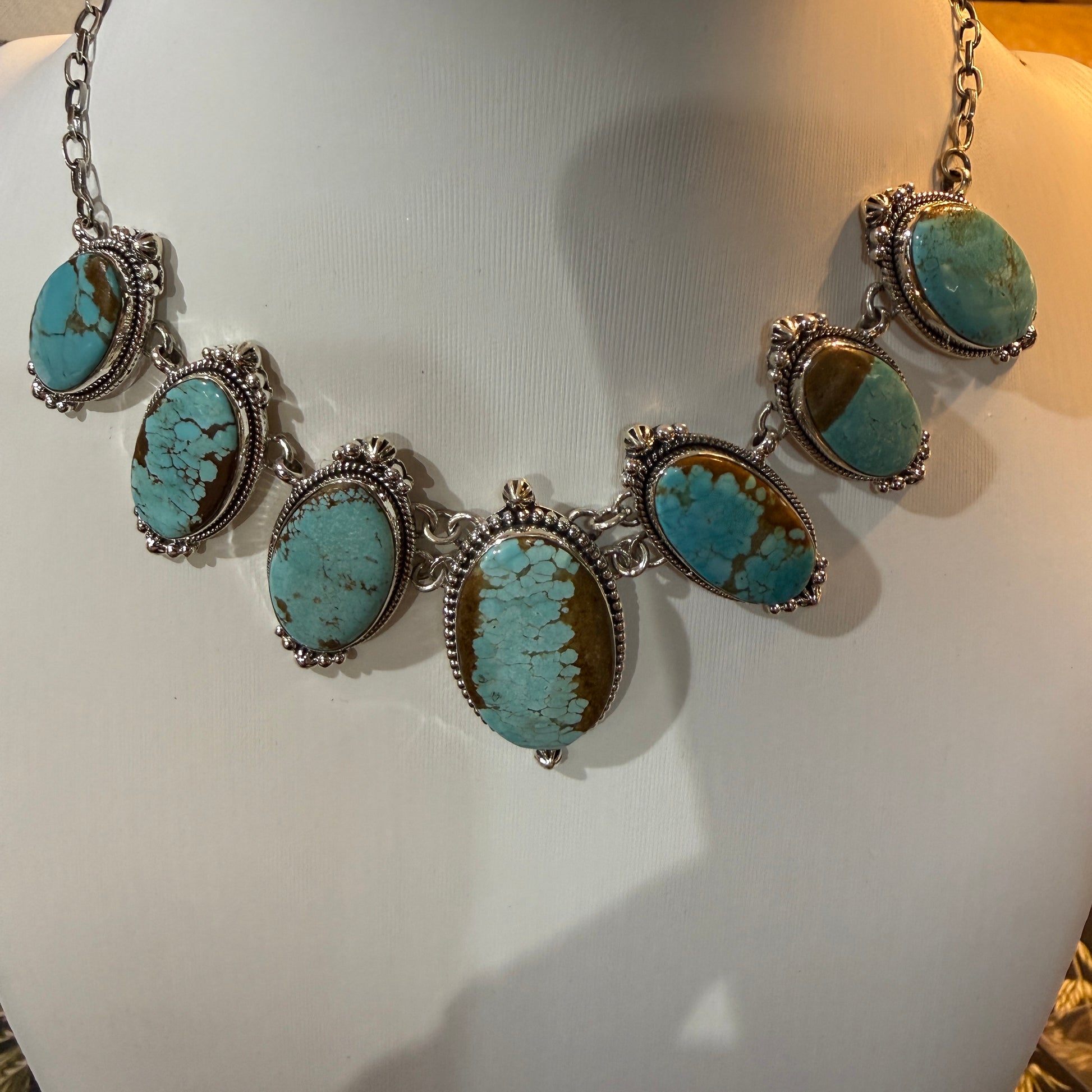 Stunning Number 8 Mine Turquoise Choker Necklace, Sterling Silver, 18 Inch Chain Wild West Boho