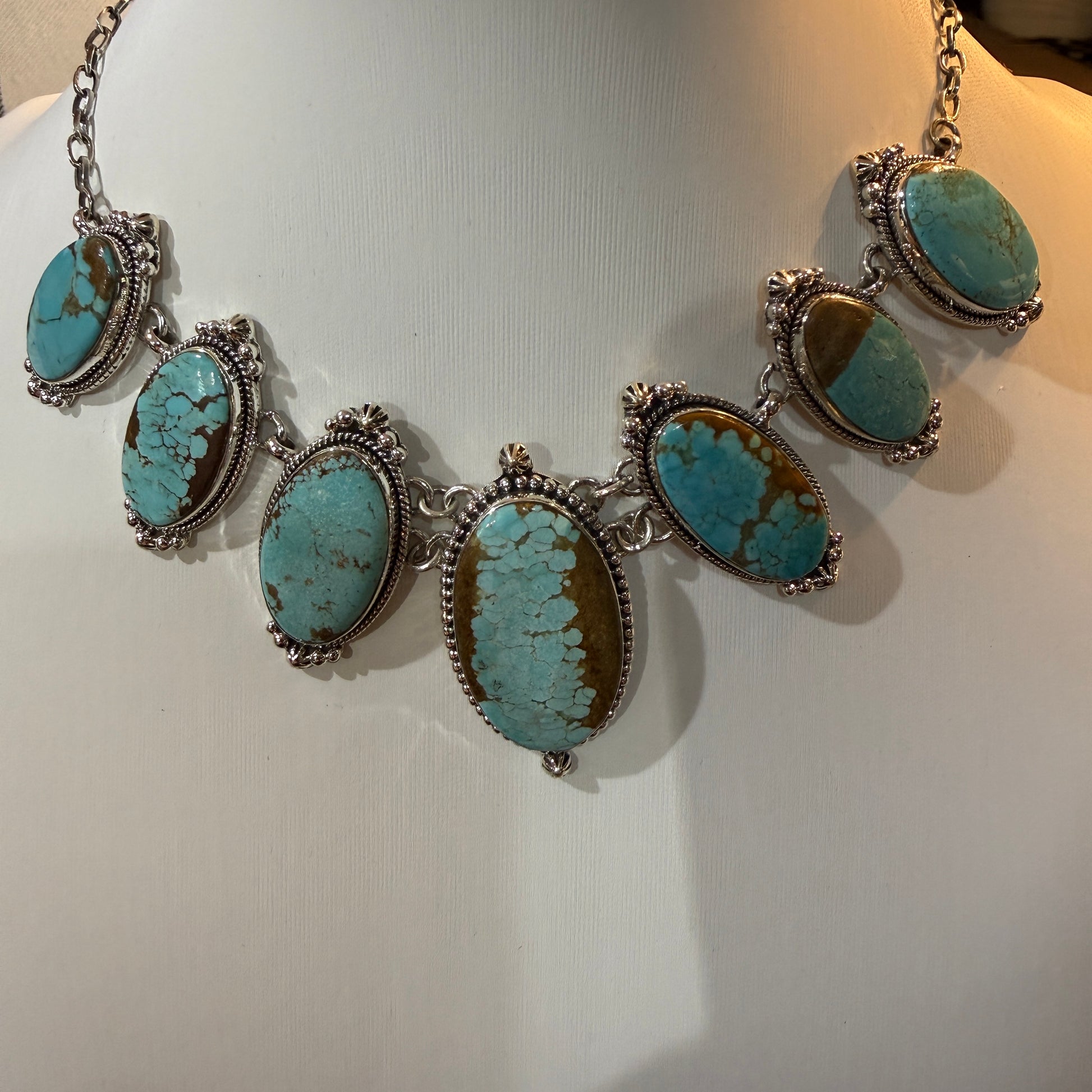 Stunning Number 8 Mine Turquoise Choker Necklace, Sterling Silver, 18 Inch Chain Wild West Boho