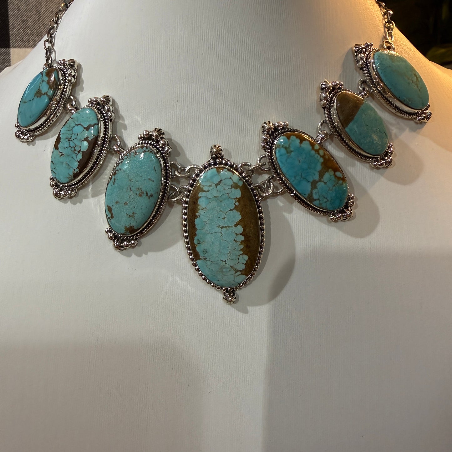Stunning Number 8 Mine Turquoise Choker Necklace, Sterling Silver, 18 Inch Chain Wild West Boho