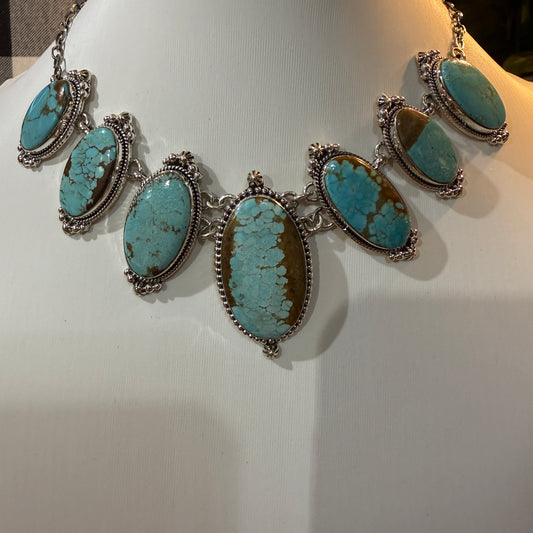 Stunning Number 8 Mine Turquoise Choker Necklace, Sterling Silver, 18 Inch Chain Wild West Boho