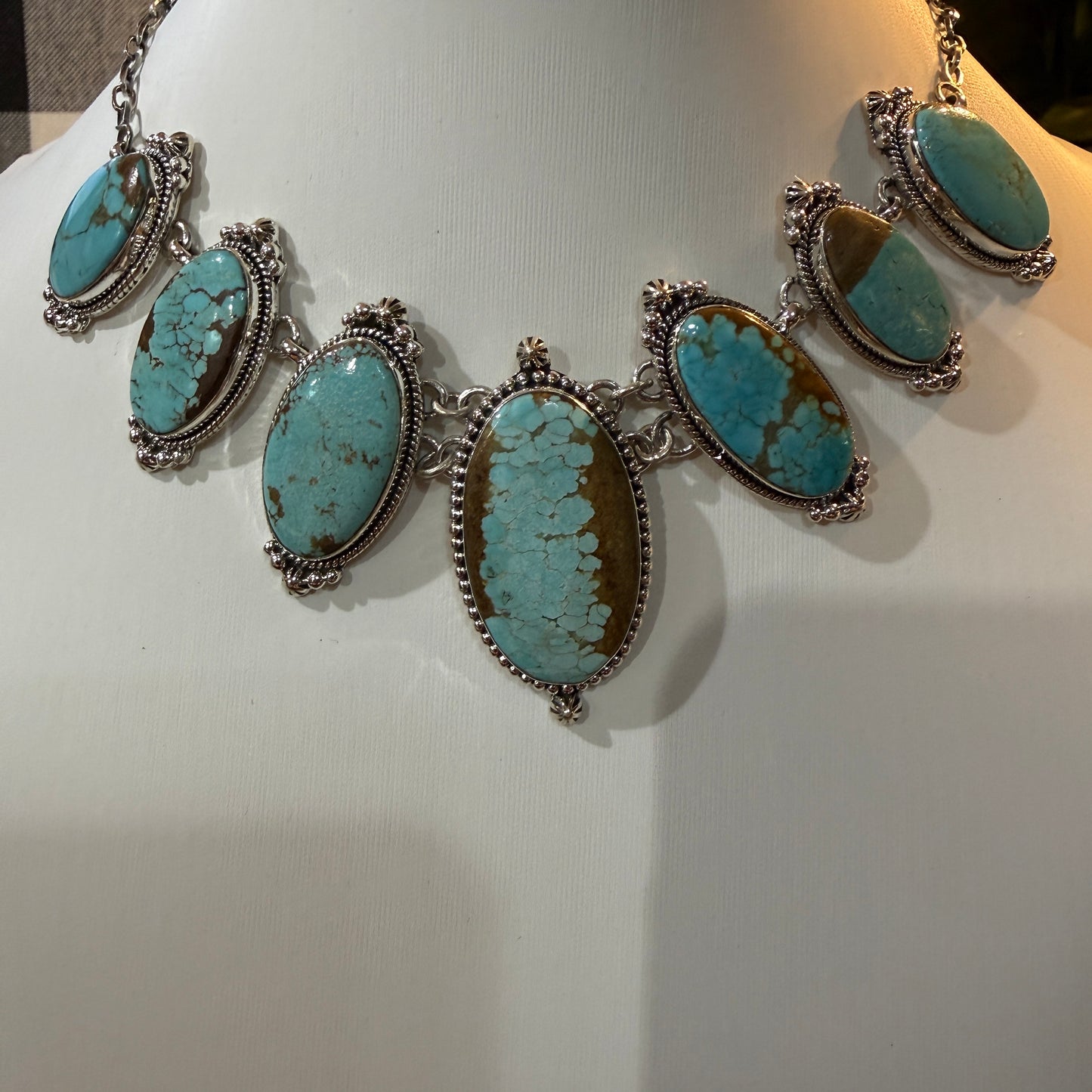 Stunning Number 8 Mine Turquoise Choker Necklace, Sterling Silver, 18 Inch Chain Wild West Boho