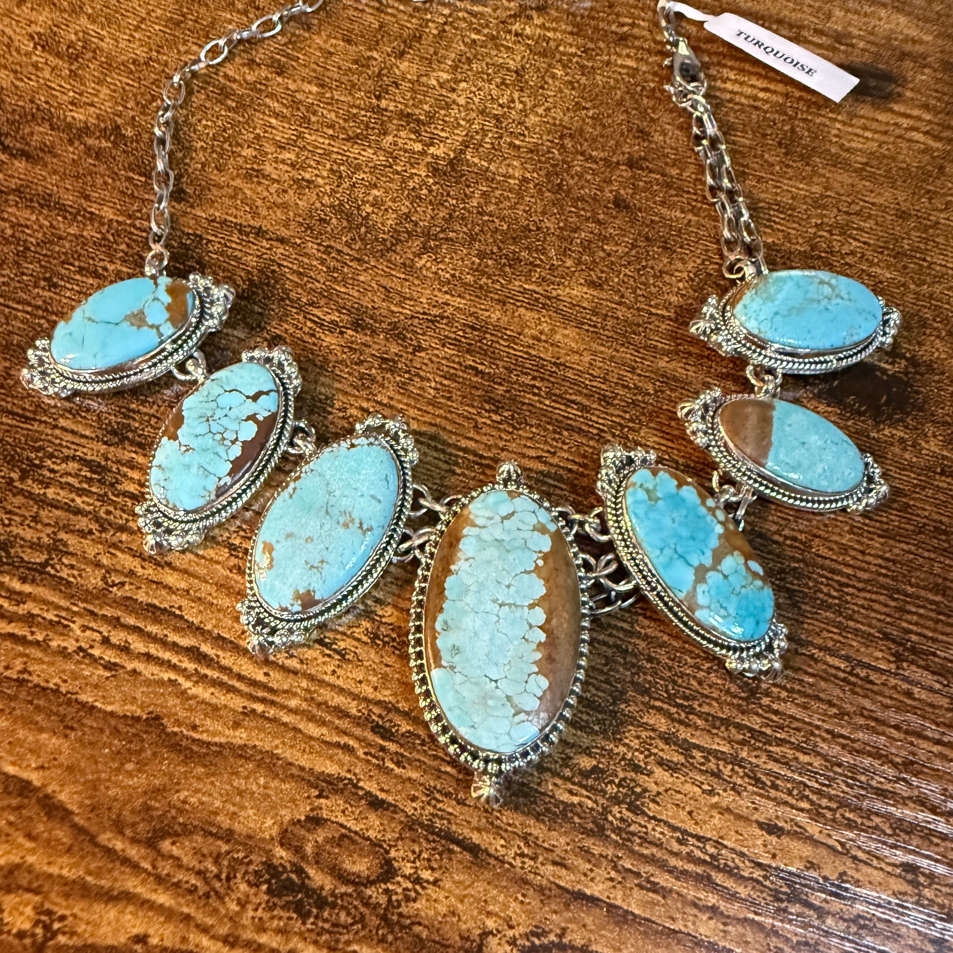 Stunning Number 8 Mine Turquoise Choker Necklace, Sterling Silver, 18 Inch Chain Wild West Boho