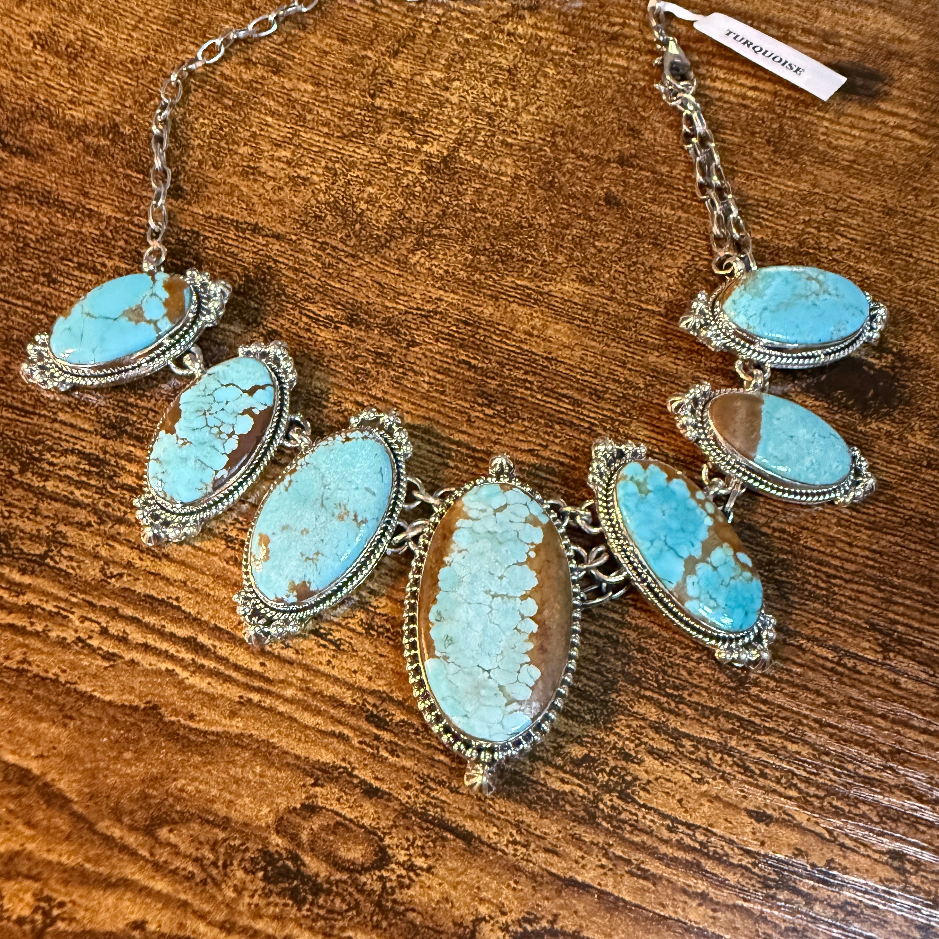 Stunning Number 8 Mine Turquoise Choker Necklace, Sterling Silver, 18 Inch Chain Wild West Boho