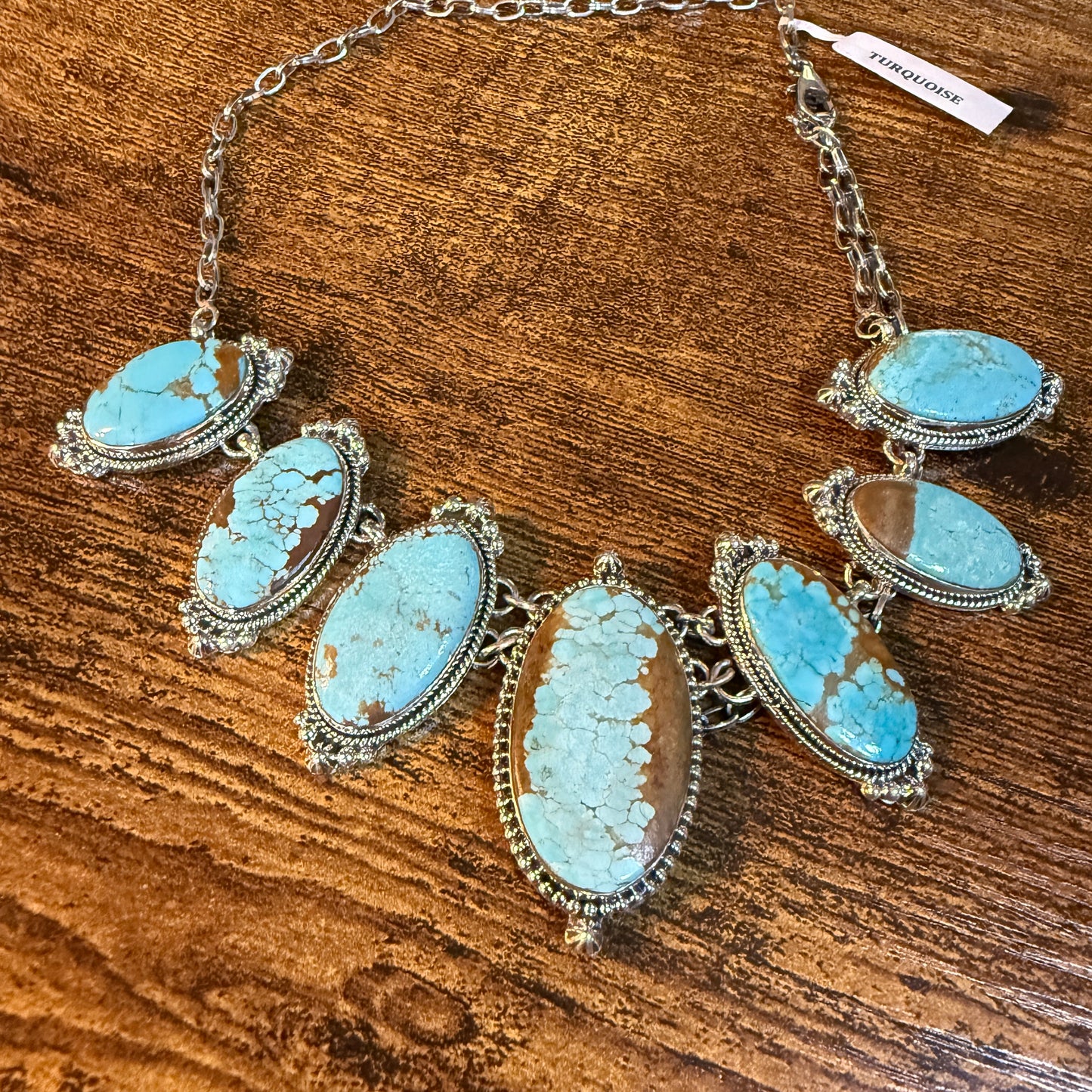 Stunning Number 8 Mine Turquoise Choker Necklace, Sterling Silver, 18 Inch Chain Wild West Boho