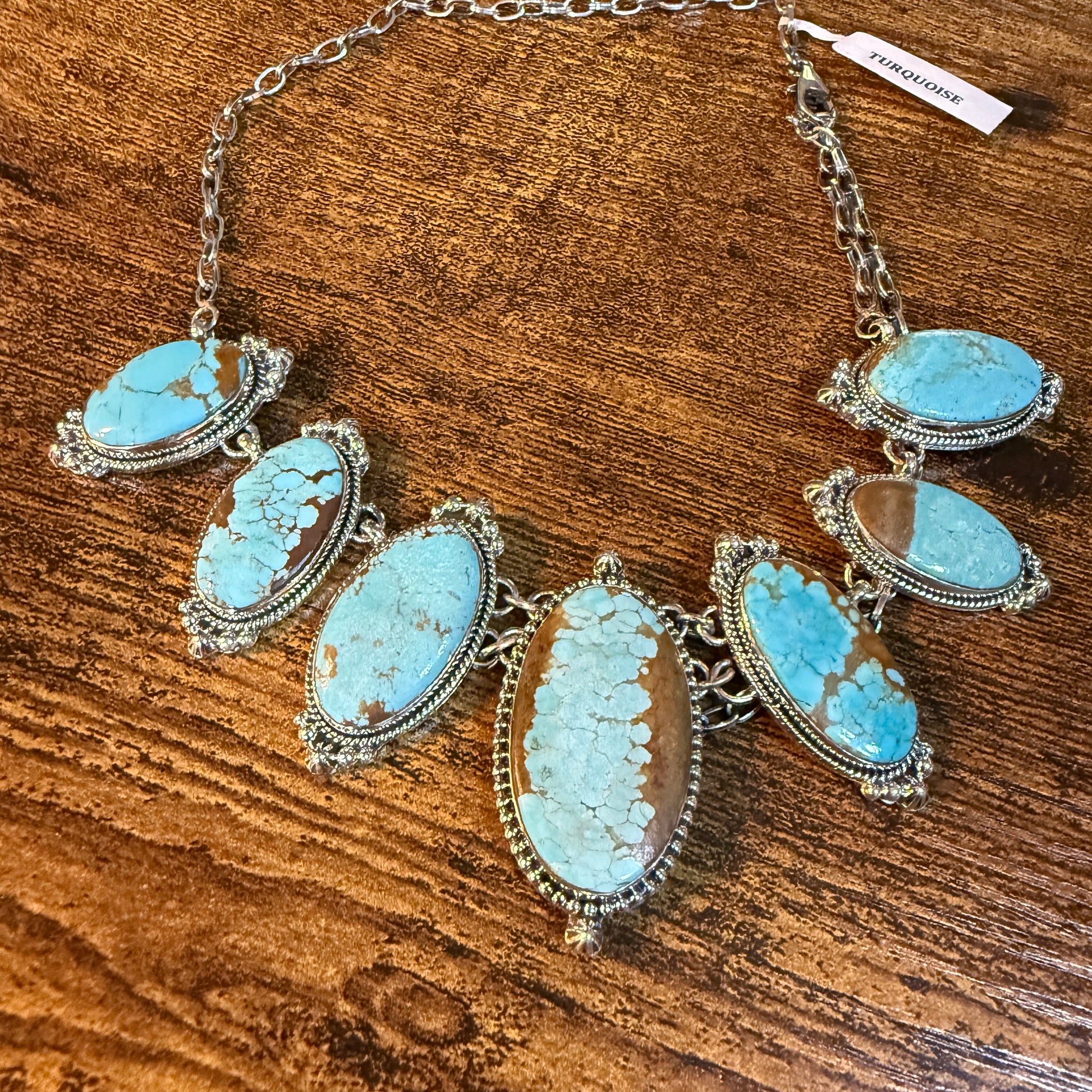 Stunning Number 8 Mine Turquoise Choker Necklace, Sterling Silver, 18 Inch Chain Wild West Boho