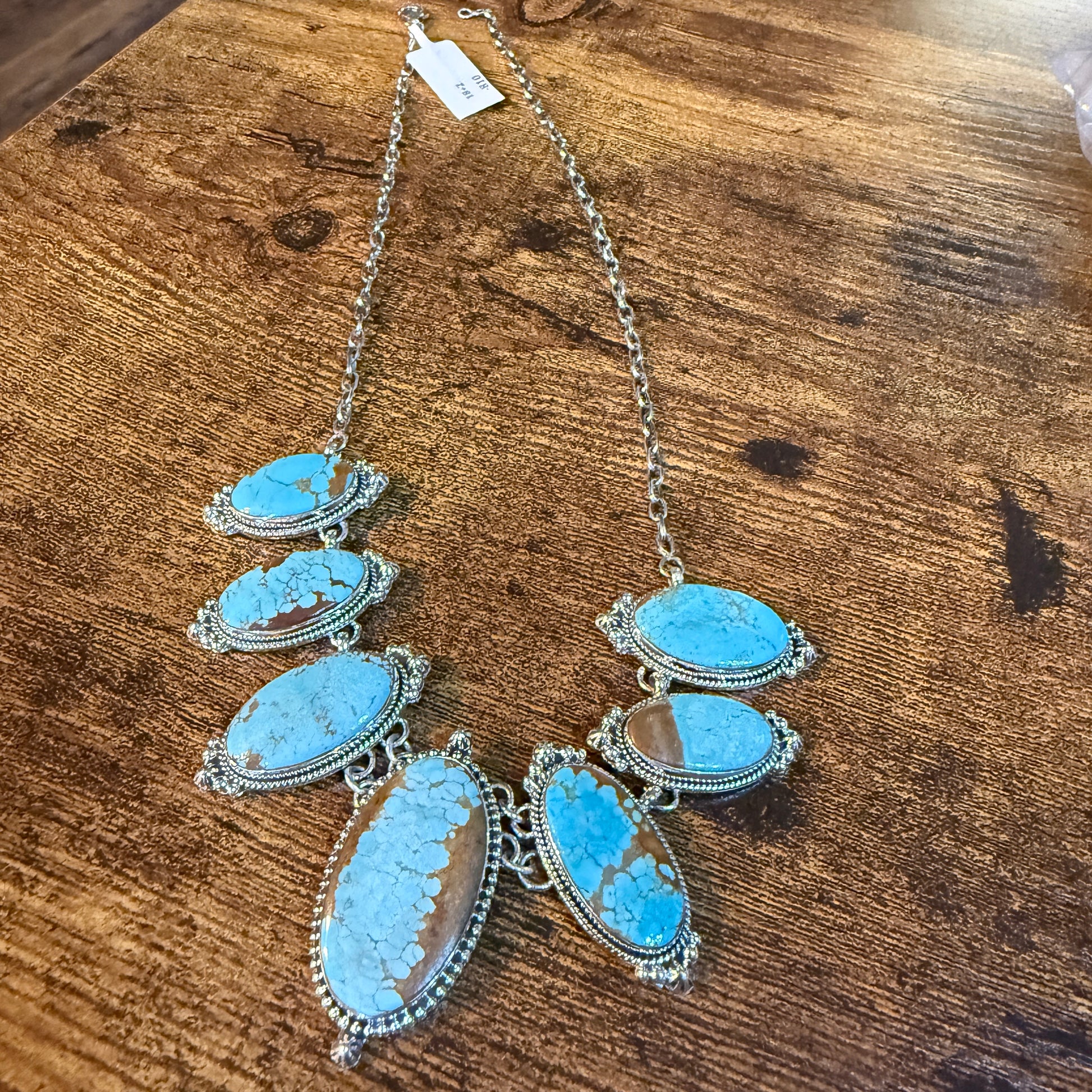 Stunning Number 8 Mine Turquoise Choker Necklace, Sterling Silver, 18 Inch Chain Wild West Boho
