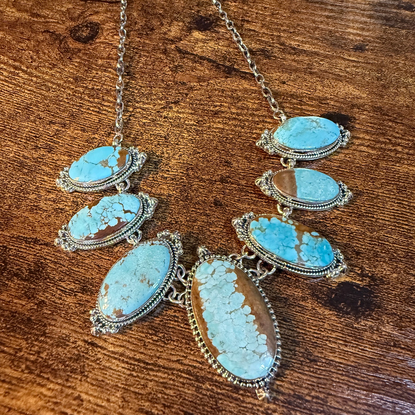 Stunning Number 8 Mine Turquoise Choker Necklace, Sterling Silver, 18 Inch Chain Wild West Boho
