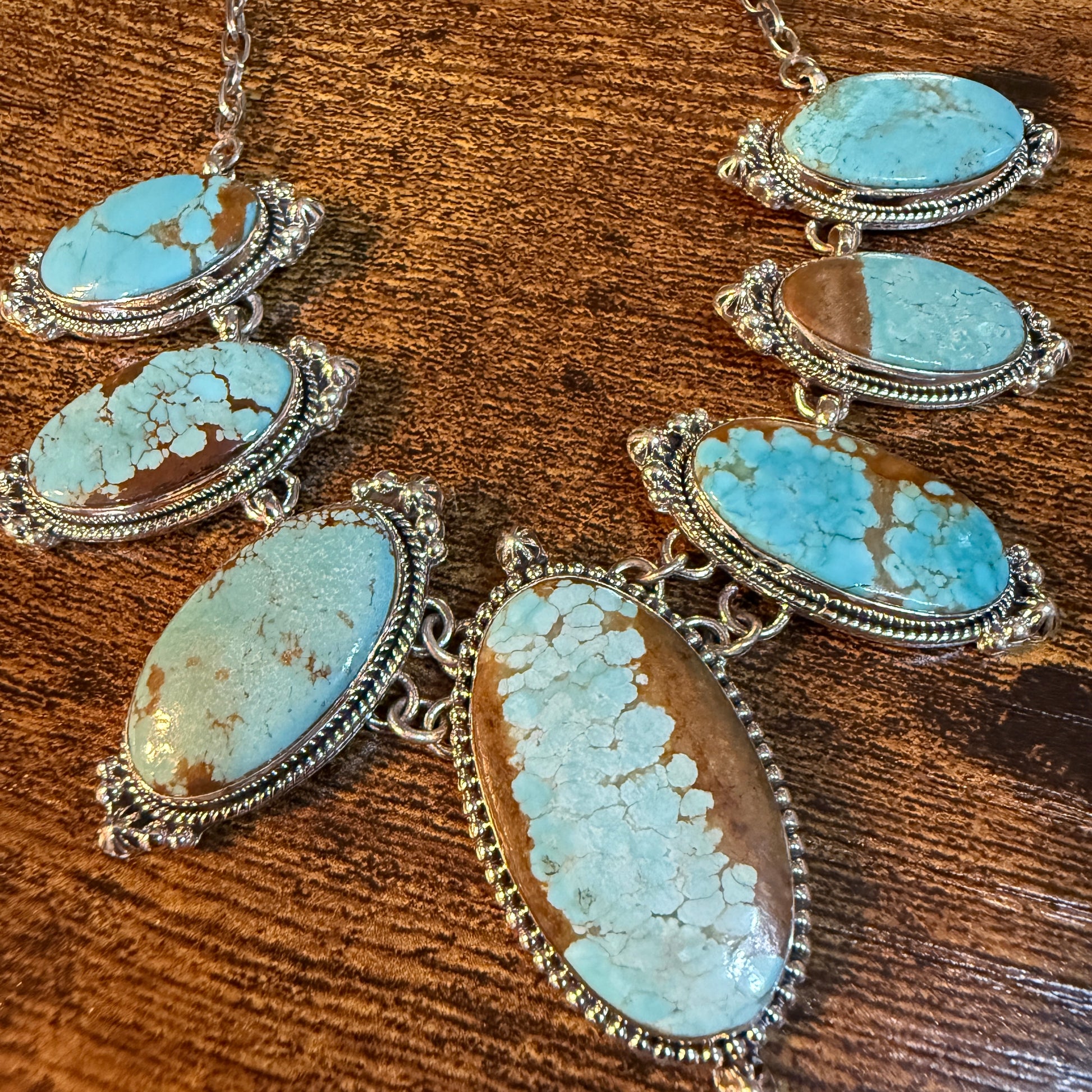 Stunning Number 8 Mine Turquoise Choker Necklace, Sterling Silver, 18 Inch Chain Wild West Boho