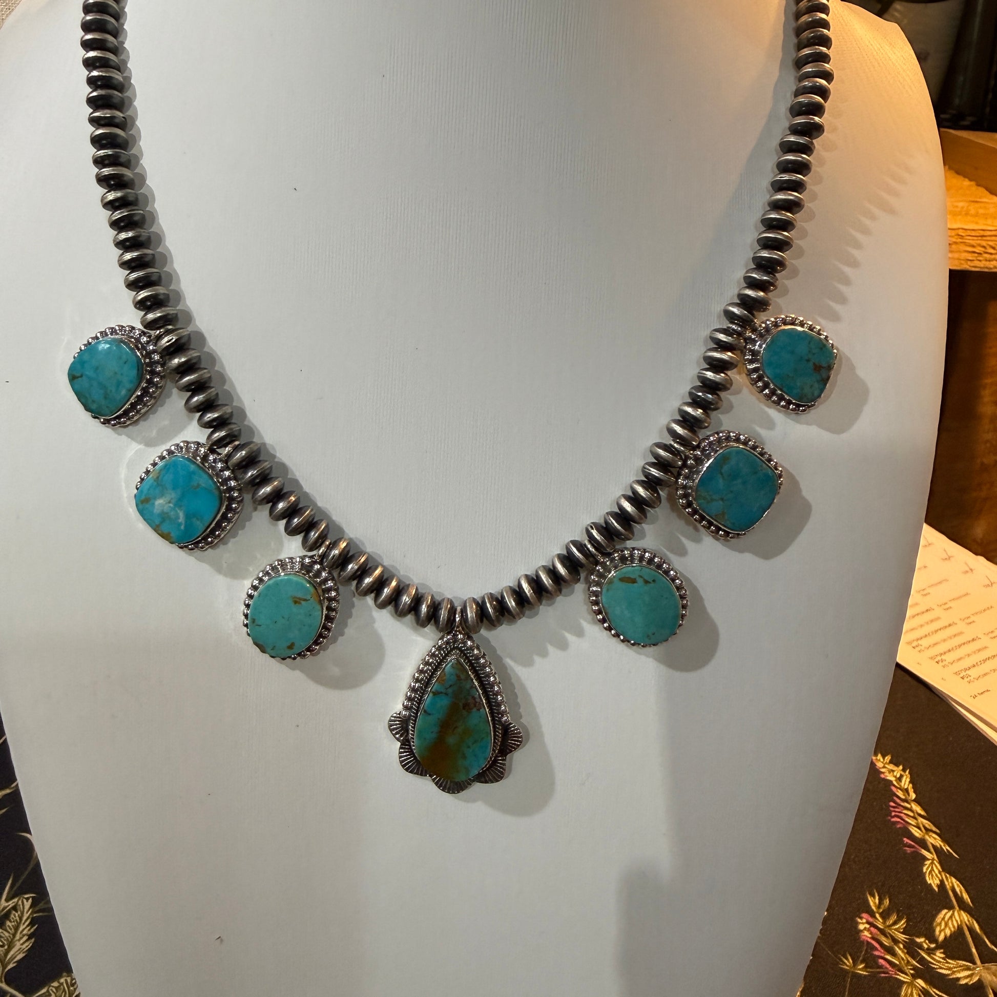 Number 8 Mine Turquoise Sterling Silver Saucer Desert Pearl Necklace, 16 Inch Pearls Wild West Boho