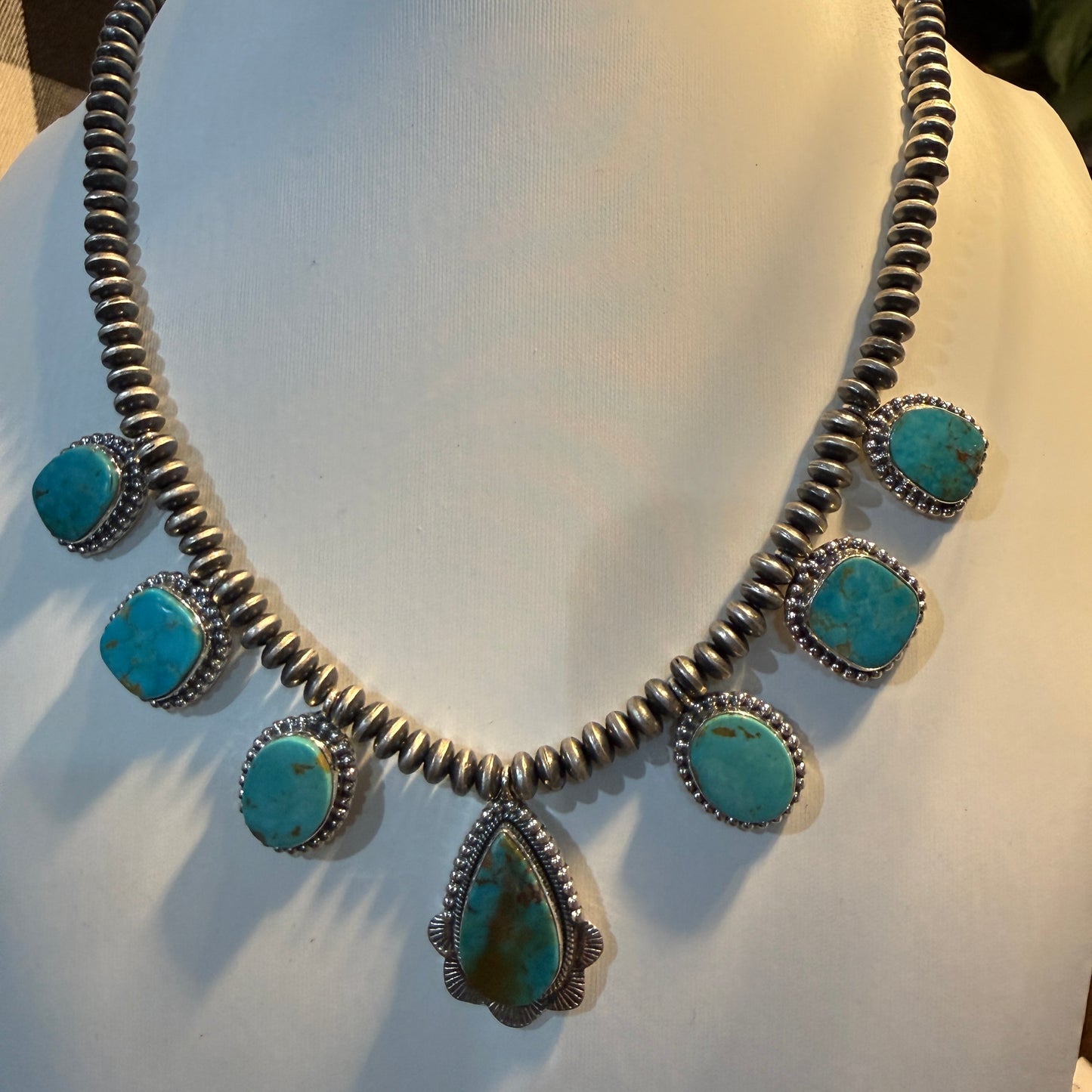 Number 8 Mine Turquoise Sterling Silver Saucer Desert Pearl Necklace, 16 Inch Pearls Wild West Boho