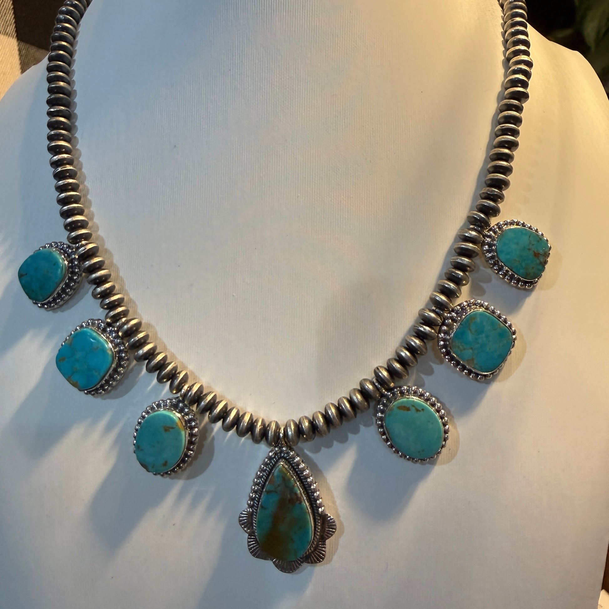 Number 8 Mine Turquoise Sterling Silver Saucer Desert Pearl Necklace, 16 Inch Pearls Wild West Boho