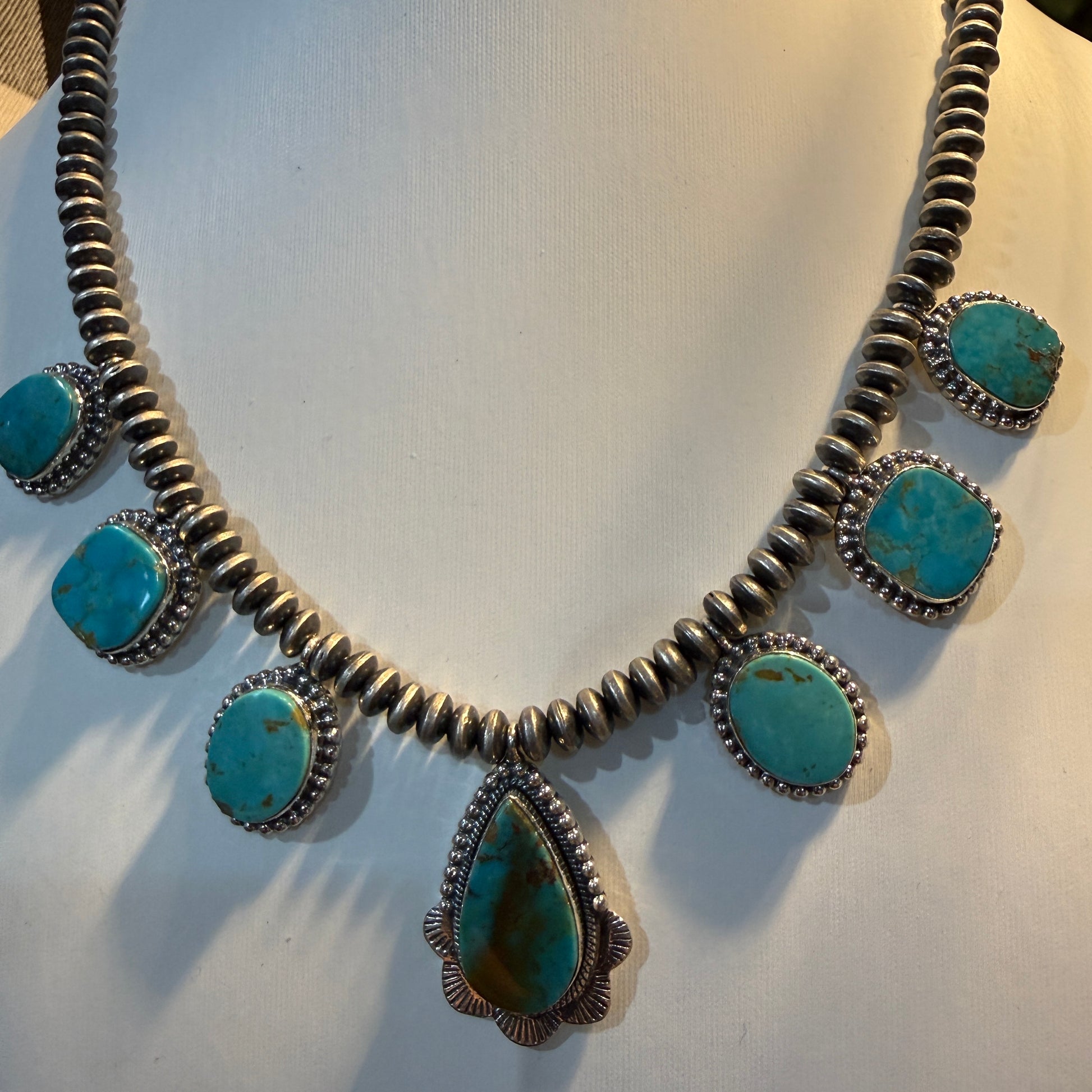 Number 8 Mine Turquoise Sterling Silver Saucer Desert Pearl Necklace, 16 Inch Pearls Wild West Boho